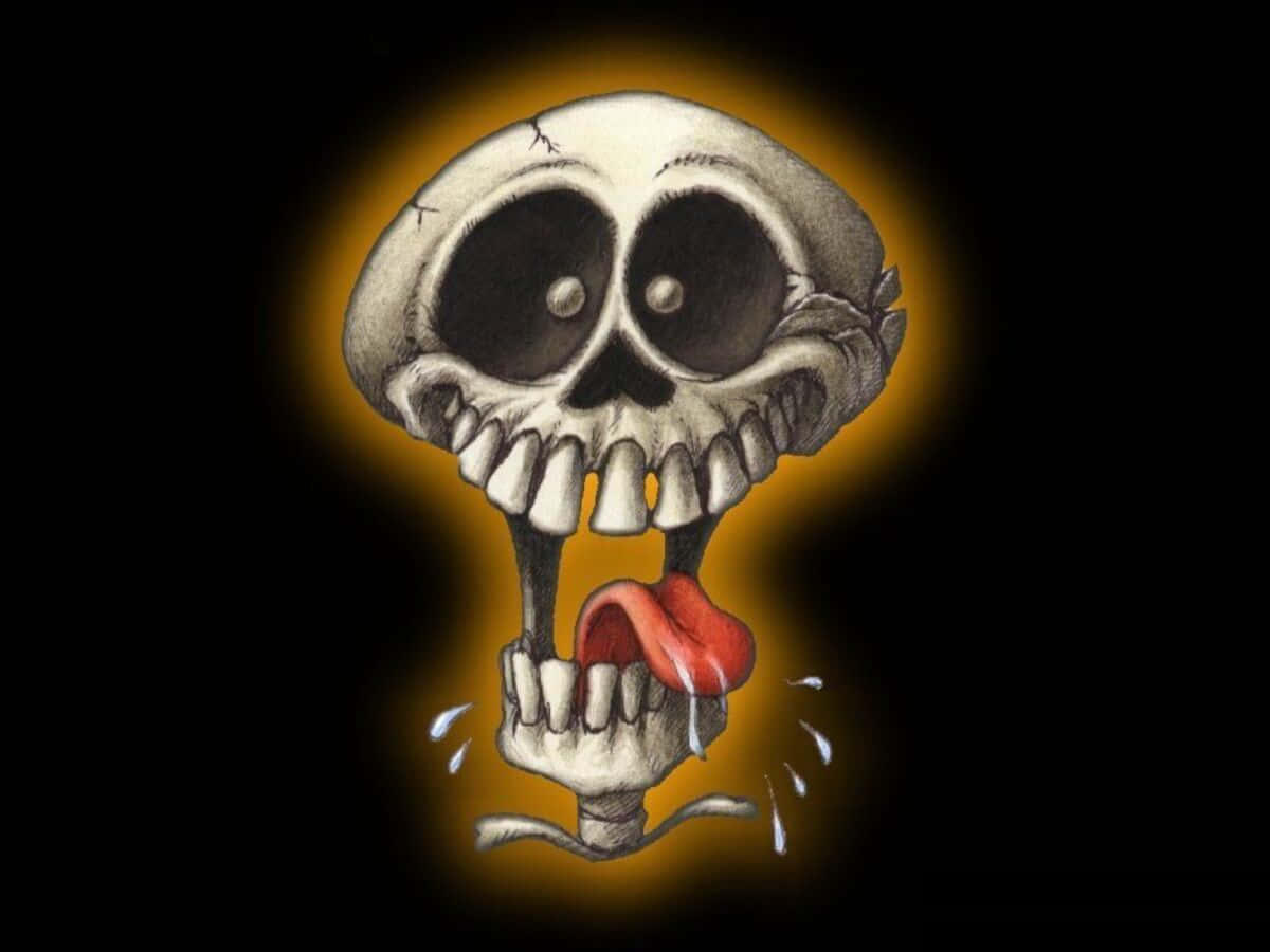 Halloween Skeleton 桌布 壁紙 — 一個卡通風格嘅頭骨，有大眼睛同伸出嚟嘅紅色舌頭，喺黑色背景上發光。