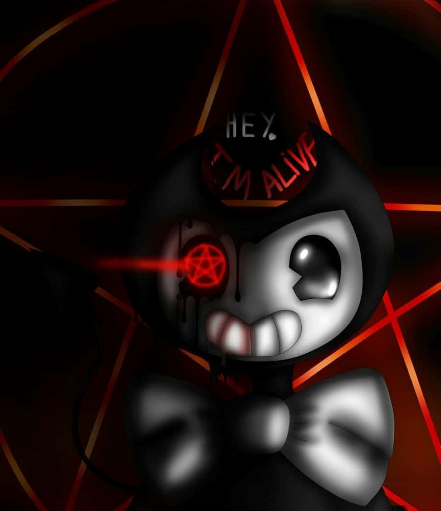 Bendy 桌布 壁紙 — 一個卡通風格嘅黑色角色，有發光紅色五角星眼同蝴蝶結，企喺有紅色幾何線條嘅黑暗背景前面。