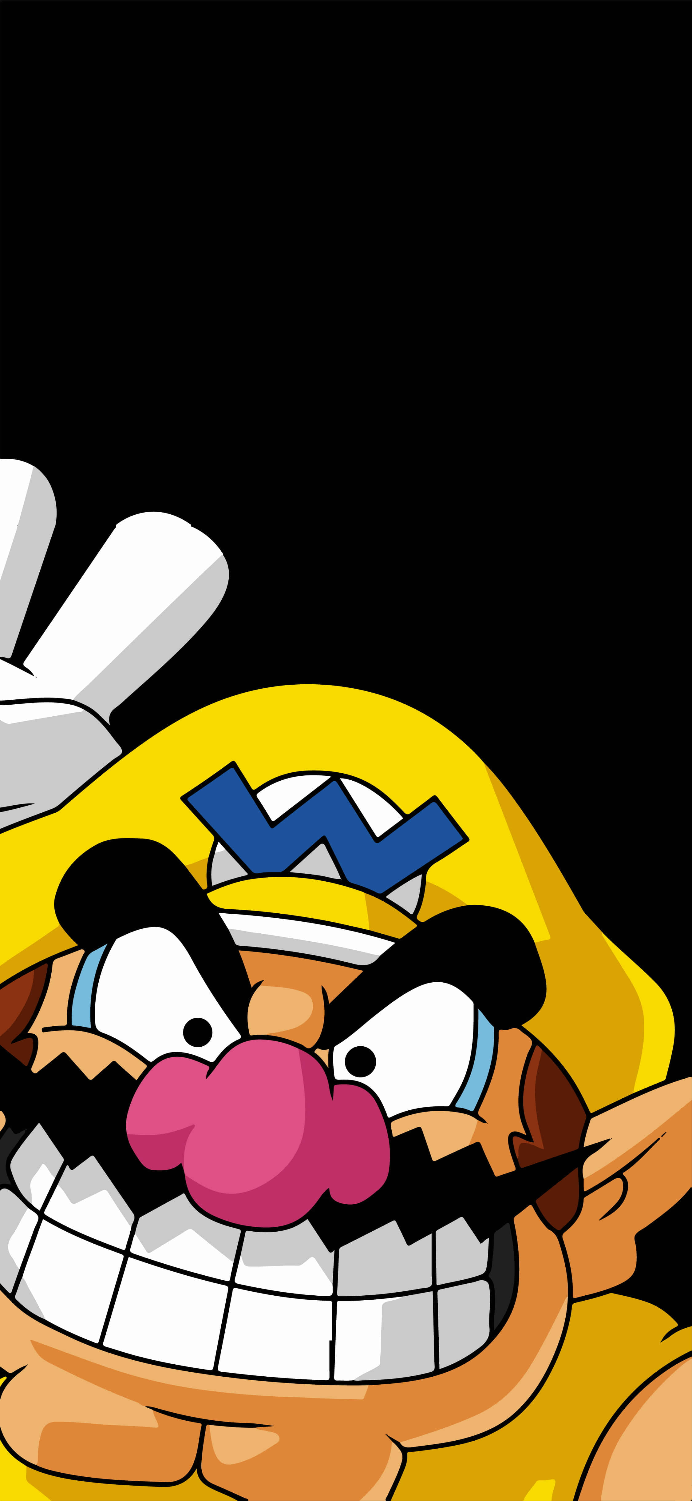 wario 桌布 壁紙 — 一個卡通風格憤怒的瓦利歐，戴著黃色帽子和粉紅色鬍子，在黑色背景上咧嘴大笑。