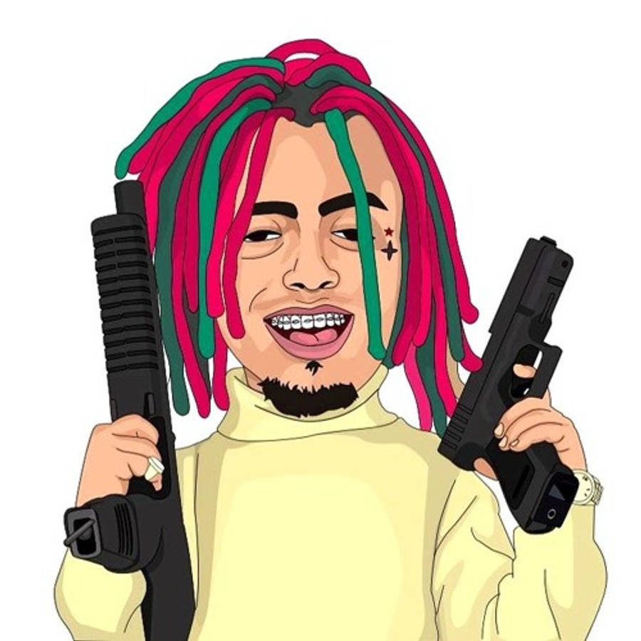 滴漏 桌布 壁紙 — 一個卡通風格插圖，描繪一名擁有粉紅色和綠色辮子頭的男人，手持兩把槍並微笑。
