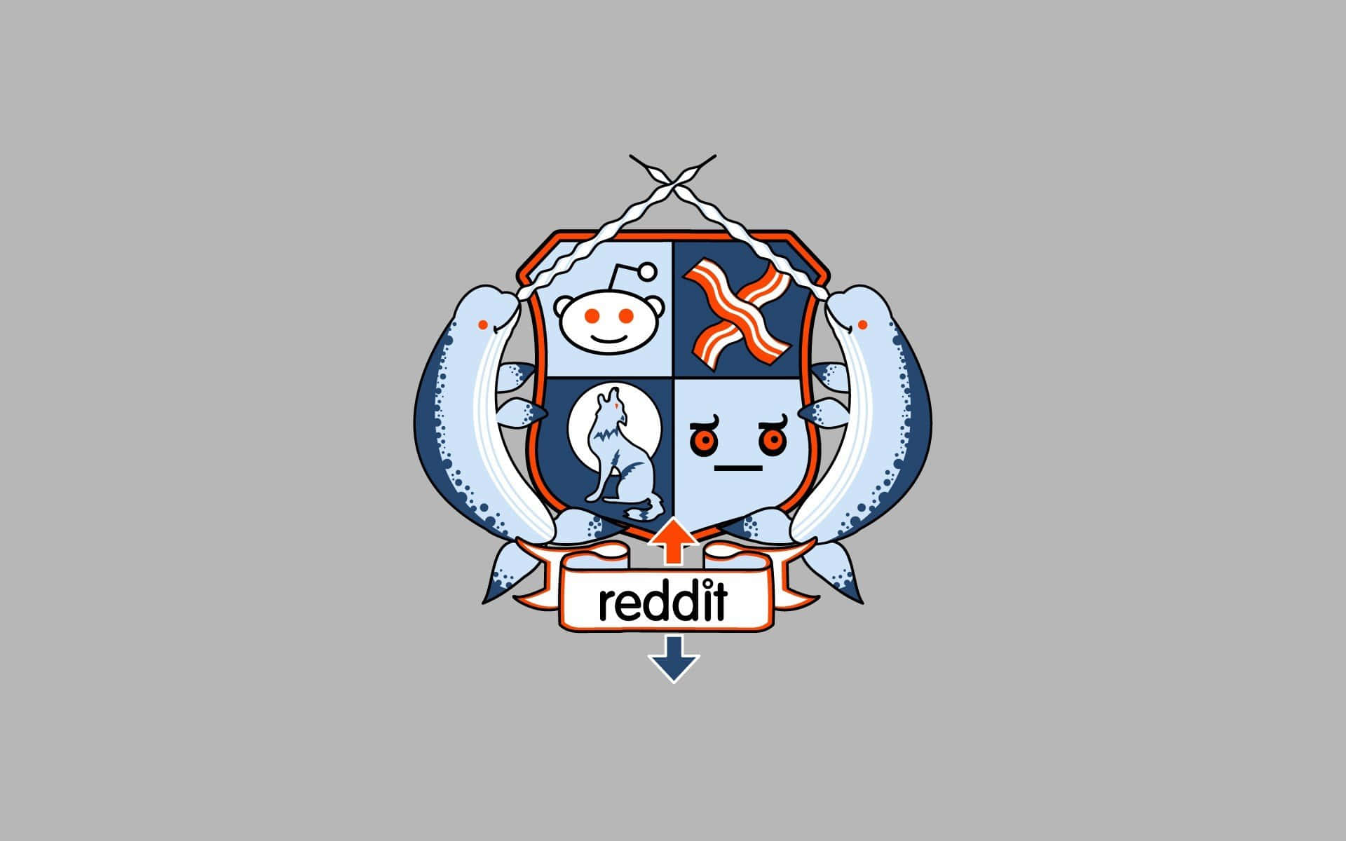reddit 桌布 壁紙 — 一個卡通風格的 Reddit 標誌，兩條三文魚夾著一個分成四個象限的盾牌，上面有 Reddit 的吉祥物煙肉和其他圖標。