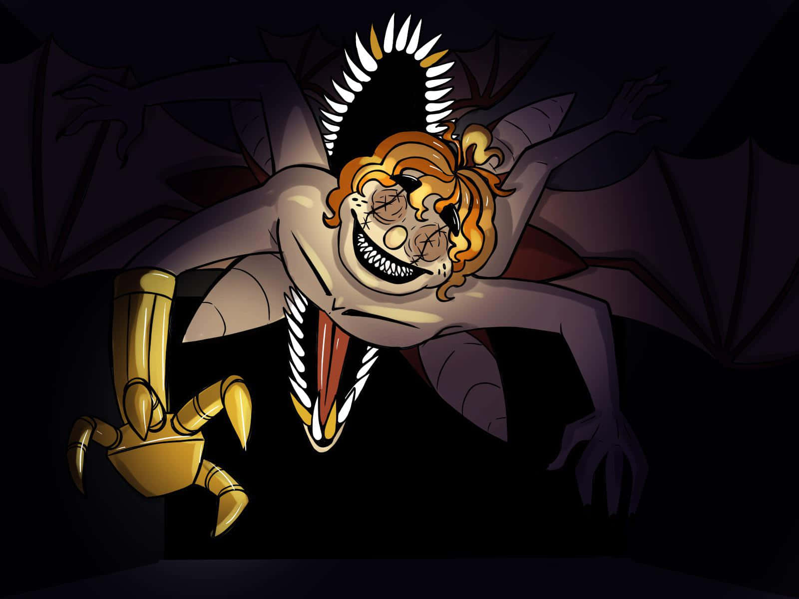 Cartoon Horror 桌布 壁紙 — 一個卡通風格的吸血鬼，橙色頭髮和蝙蝠翅膀，用金色機械臂向前猛衝，背景為深色。