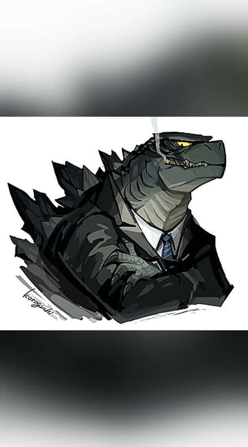 Godzilla Comic 桌布 壁紙 — 一個卡通風格的哥斯拉穿著筆挺的西裝和領帶，在純白色背景前抽煙，表情嚴肅。