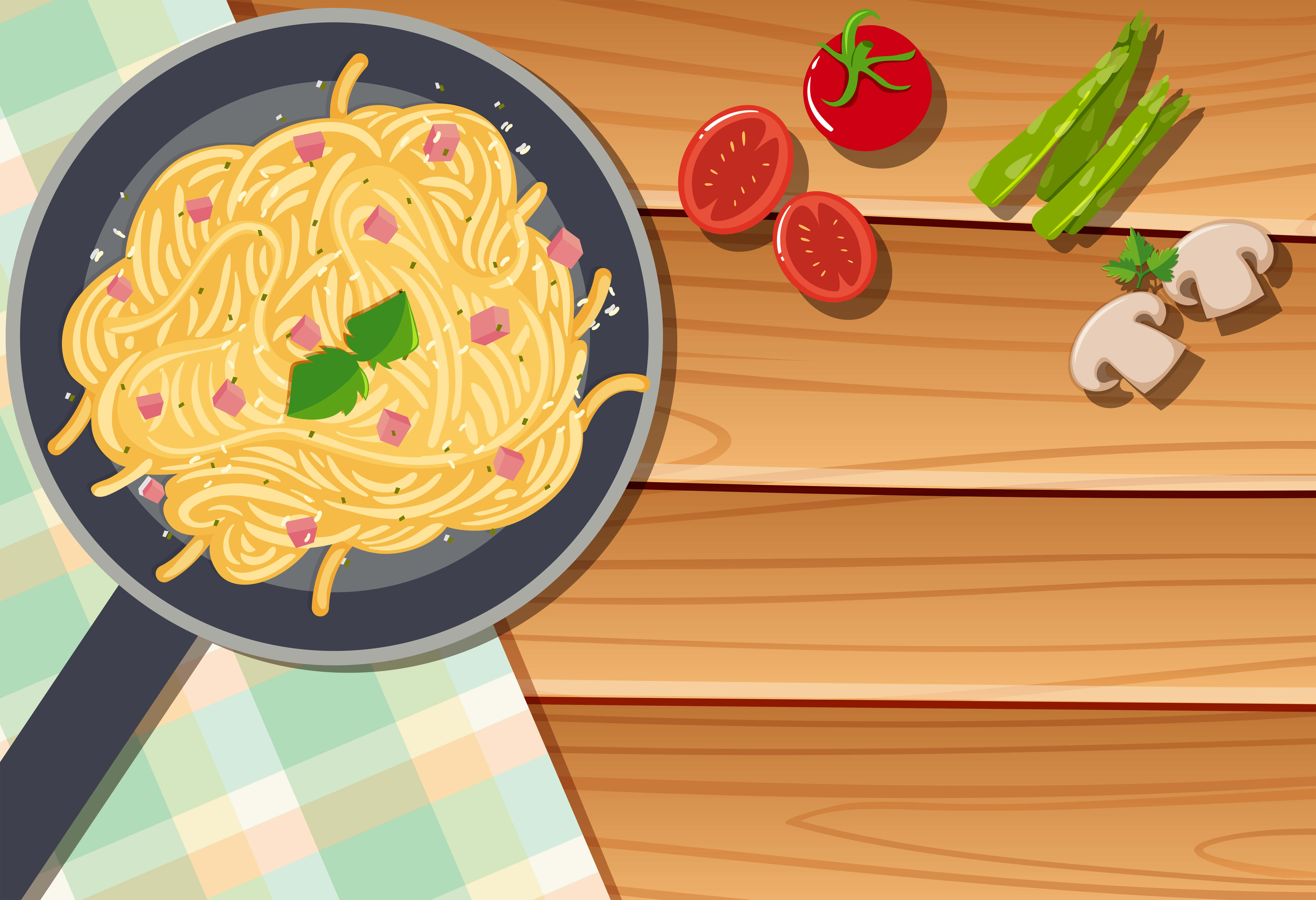 Noodles 桌布 壁紙 — 一個卡通風格的平底鍋，裡面有火腿和羅勒的意大利麵，放在木桌上，旁邊是新鮮的番茄、蘆筍和蘑菇。