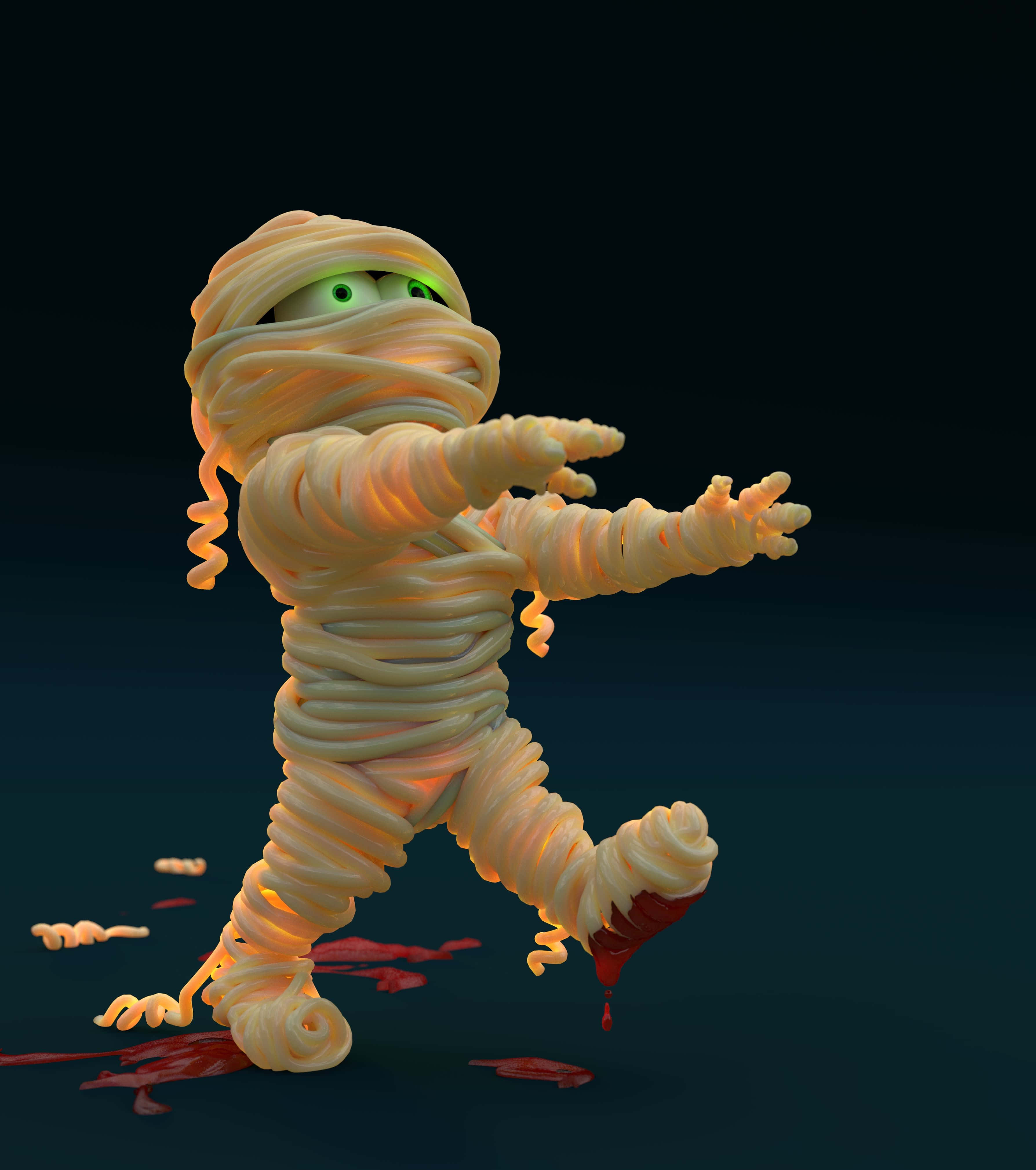 Mummy Costumes 桌布 壁紙 — 一個卡通風格的木乃伊，有著發光的綠色眼睛和滴落的血，在黑暗背景中奔跑。