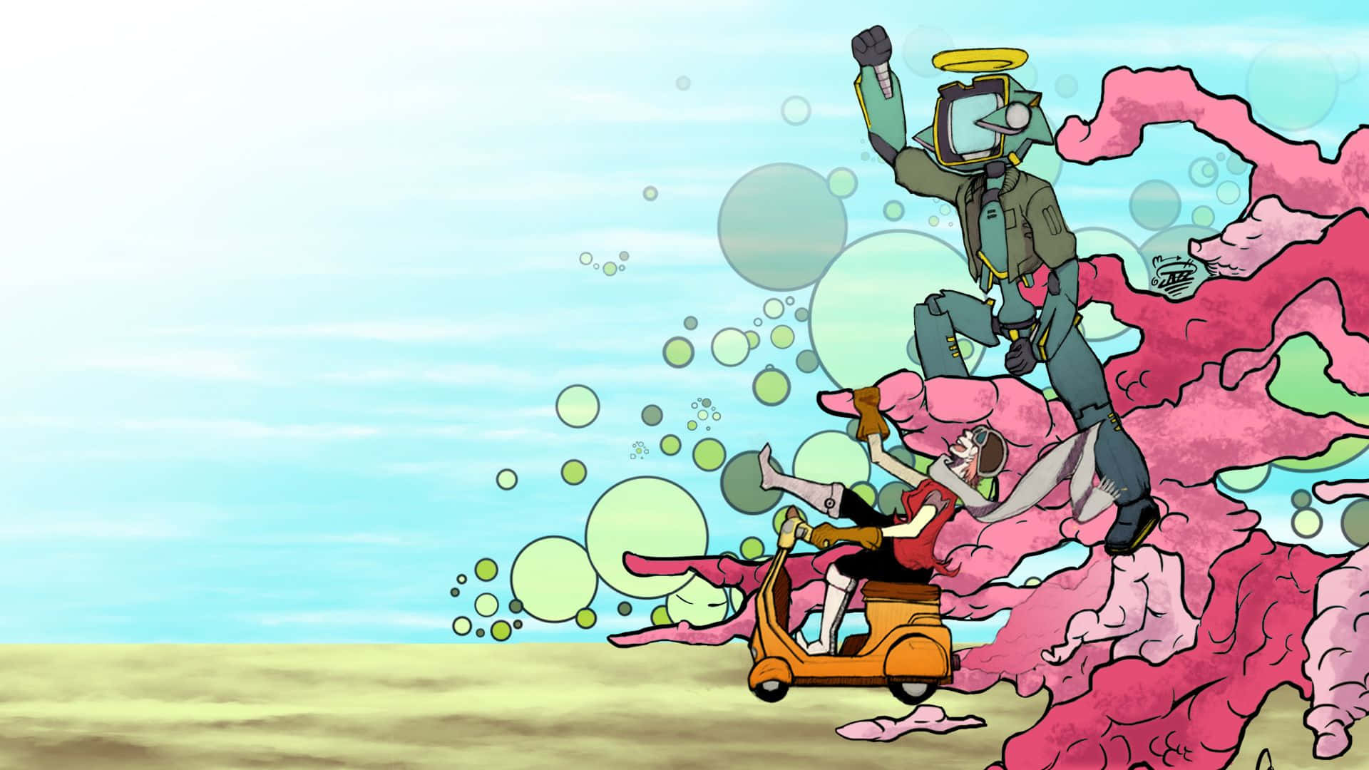 Flcl Alternative 桌布 壁紙 — 一個卡通風格的機器人帶著光環騎在粉紅色珊瑚狀結構上，一名女子騎著滑板車跟在後面，周圍漂浮著氣泡。