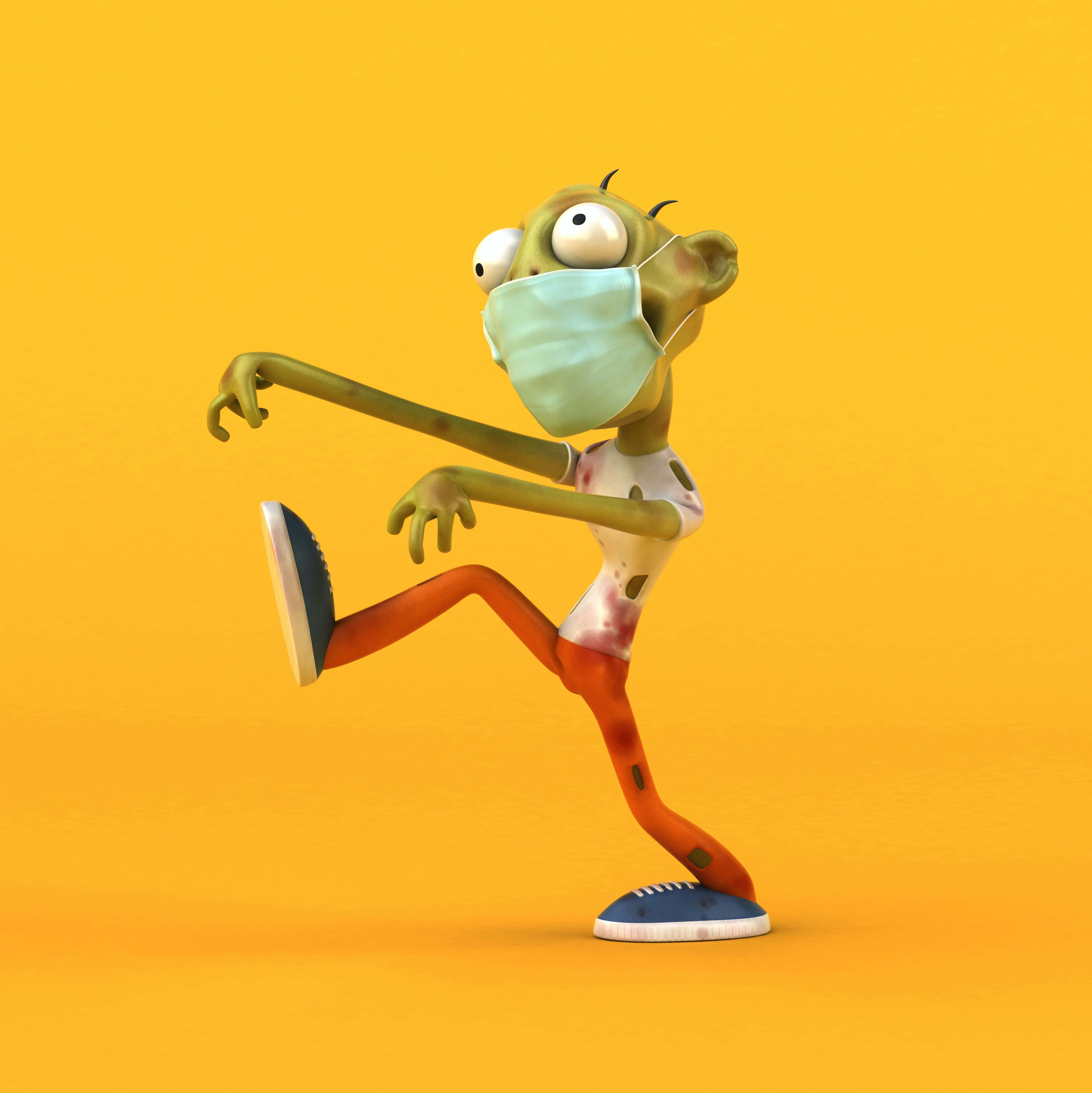 Cartoon Characters 桌布 壁紙 — 一個卡通風格的殭屍戴著口罩，在純黃色背景前擺出俏皮的舞蹈姿勢。