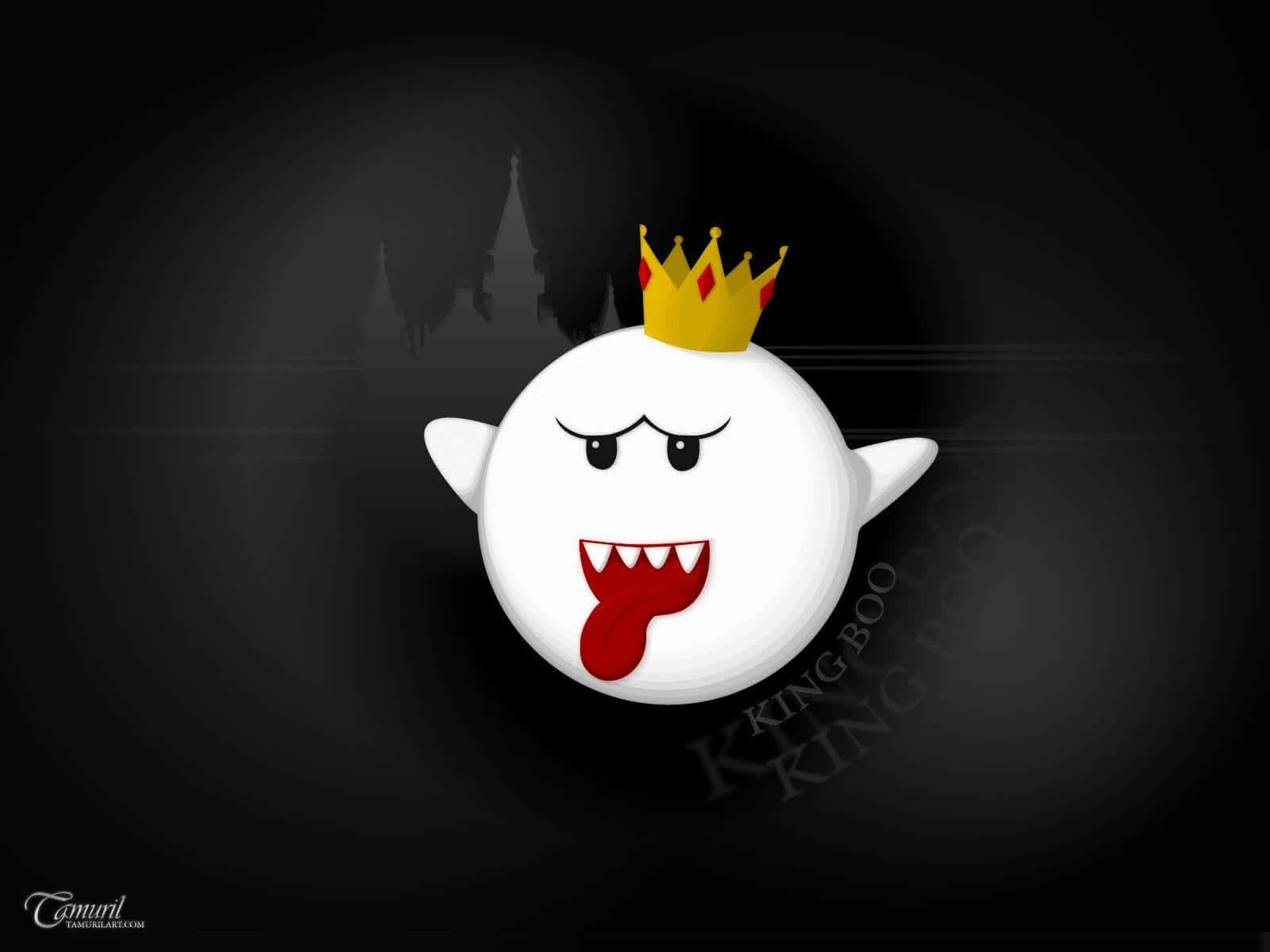 King Boo 桌布 壁紙 — 一個卡通風格的白色幽靈戴着金色皇冠，在黑暗背景上伸出紅色舌頭，背景有城堡剪影。