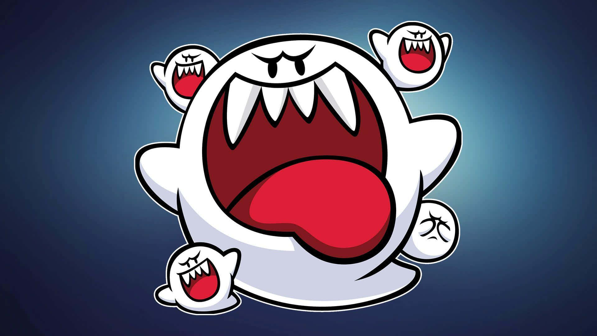 King Boo 桌布 壁紙 — 一個卡通風格的白色鬼魂，擁有鋒利的牙齒和紅色舌頭，在深藍色漸變背景上兇猛地咆哮。