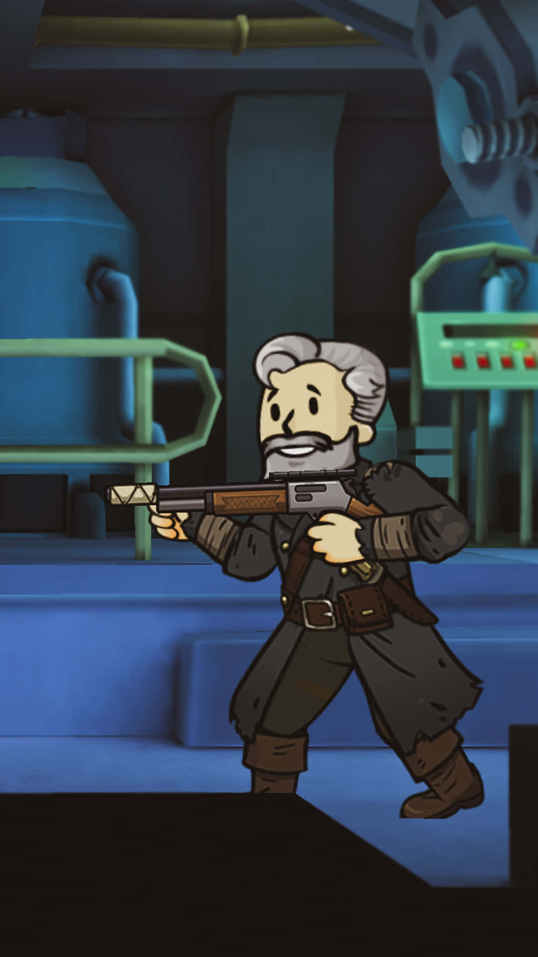 Fallout Shelter 桌布 壁紙 — 一個卡通風格的白鬍子老人在昏暗的工業環境中，用步槍瞄準，周圍有藍色和綠色的機器。