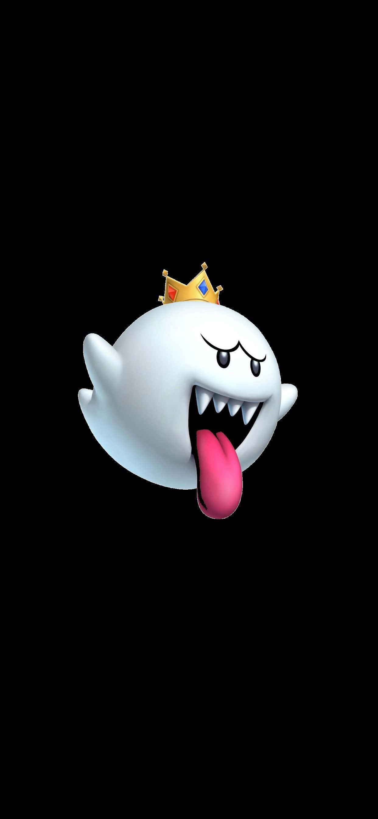 King Boo 桌布 壁紙 — 一個卡通風格的白鬼戴着金色皇冠，在黑色背景上伸出粉紅色的舌頭。