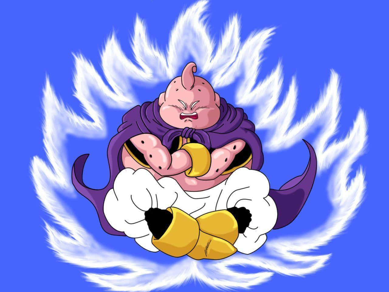 Buu 桌布 壁紙 — 一個卡通風格的粉紅色角色，穿著紫色斗篷和黃色靴子，盤腿坐在純藍色背景上，被白色能量尖刺包圍。