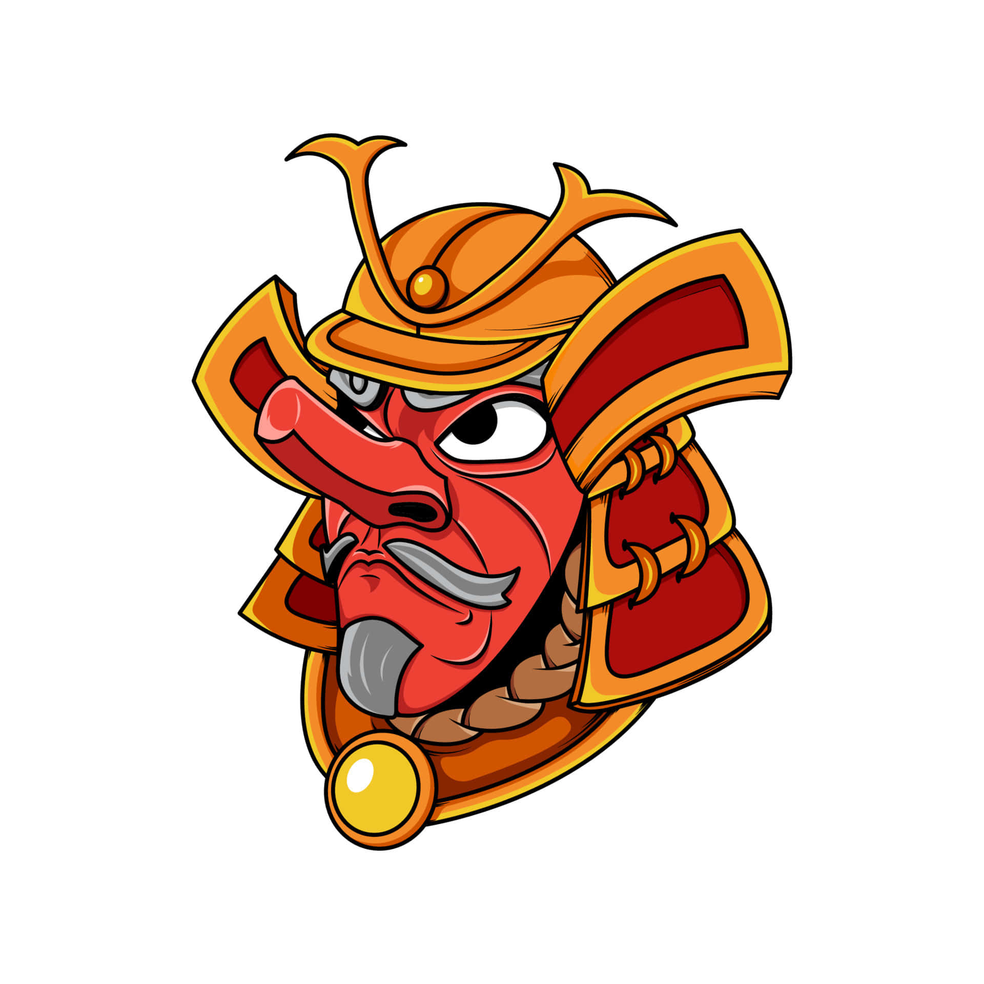 Tengu 桌布 壁紙 — 一個卡通風格的紅色武士面具，配有金色盔甲和兇猛表情，背景為白色。