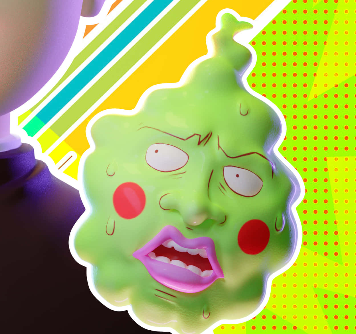 Mob Psycho 100 Ekubo 桌布 壁紙 — 一個卡通風格的綠色史萊姆臉，有紅色的臉頰和大眼睛，在充滿活力的條紋和圓點普普藝術背景前尖叫。