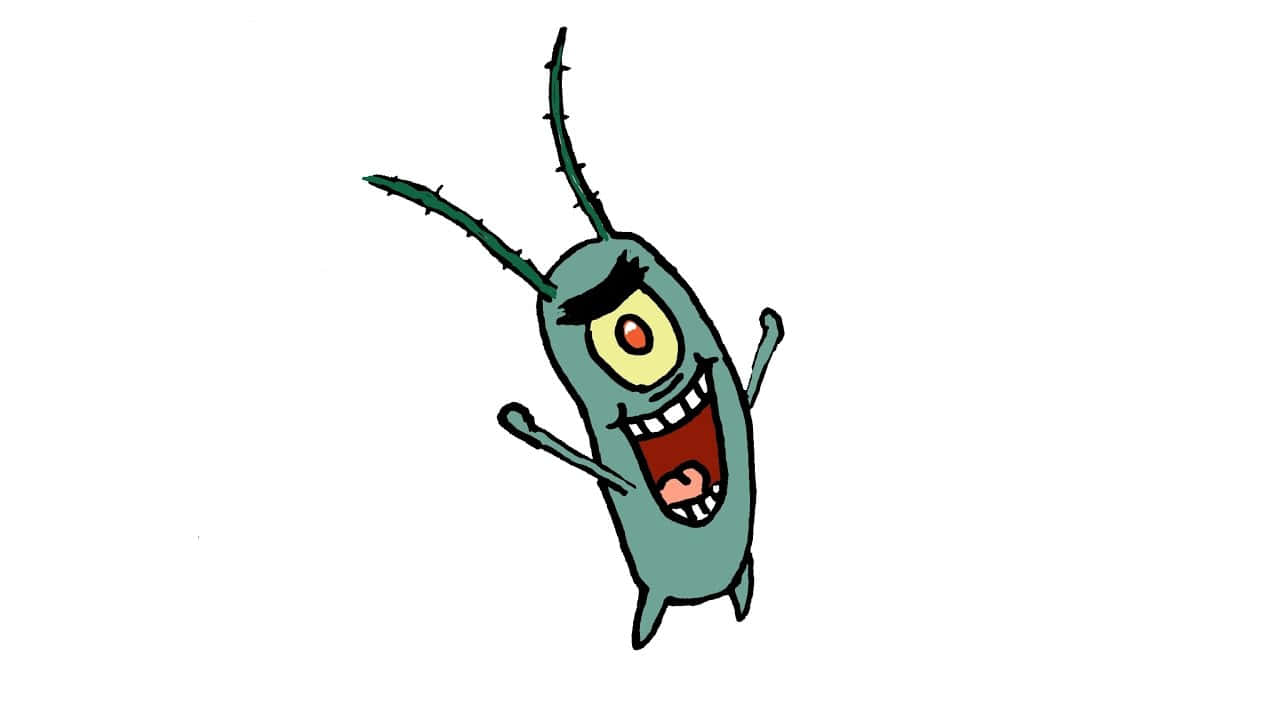 plankton 桌布 壁紙 — 一個卡通風格的綠色單眼生物，有尖刺觸角和咧嘴露齒的笑容，背景為純白色。