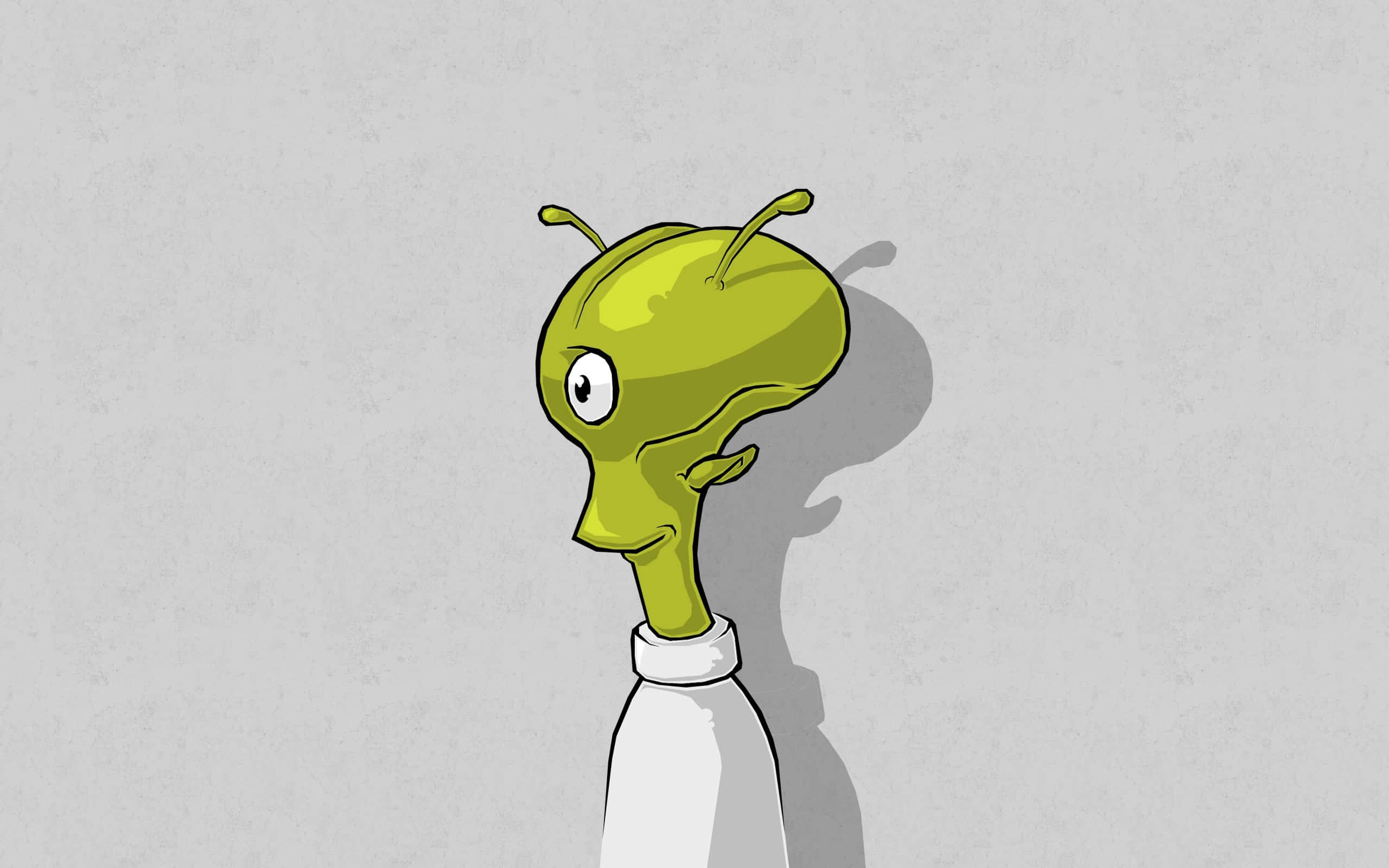 Cartoon Alien 桌布 壁紙 — 一個卡通風格的綠色外星人，有大眼睛和天線，從一個白色瓶子的頂部探出頭來，背景是灰色紋理牆。