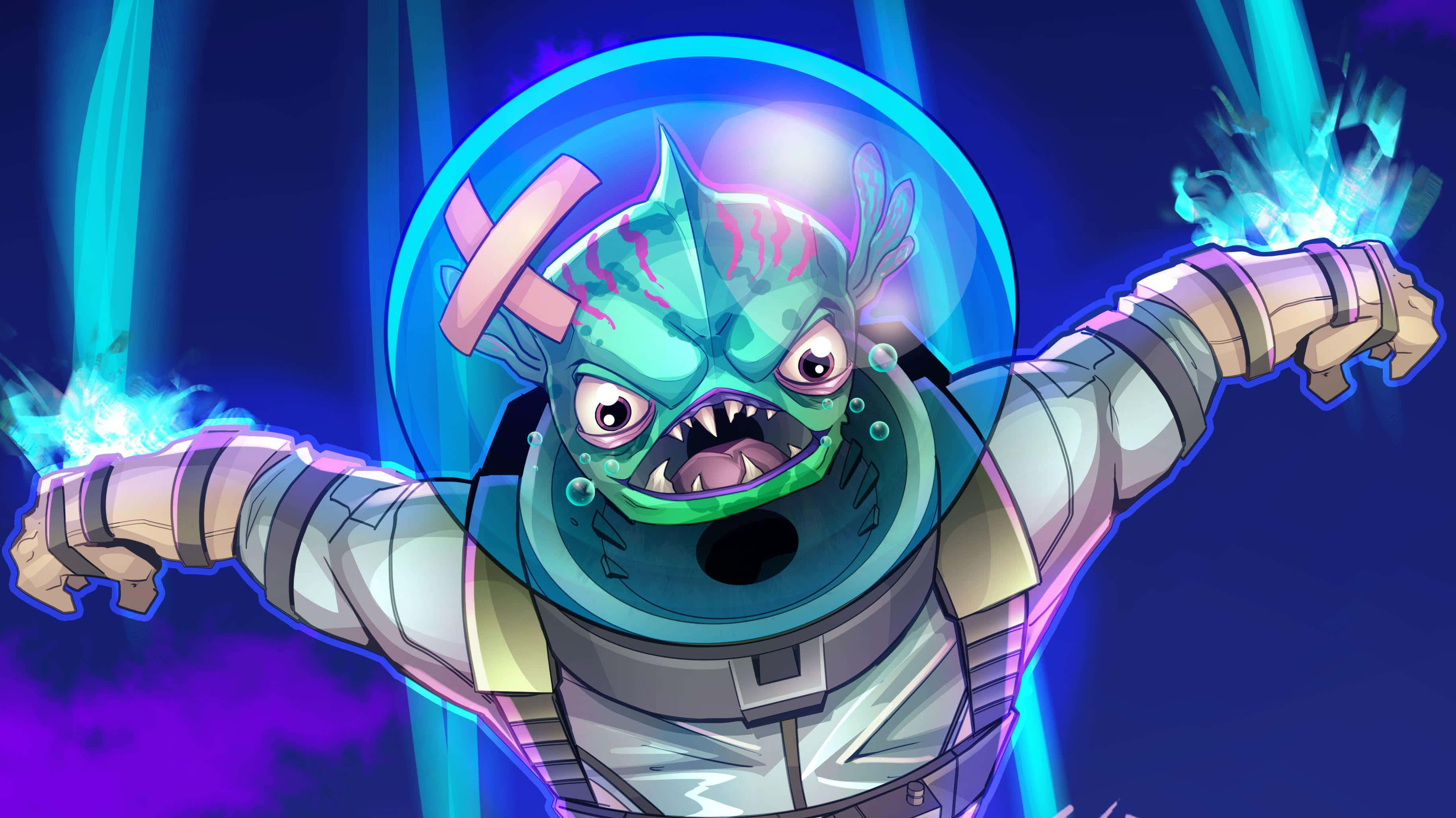 型格 Fortnite 桌布 壁紙 — 一個卡通風格的綠色外星太空人，在宇宙紫色和藍色背景下，拳頭發出發光的藍色能量爆炸。