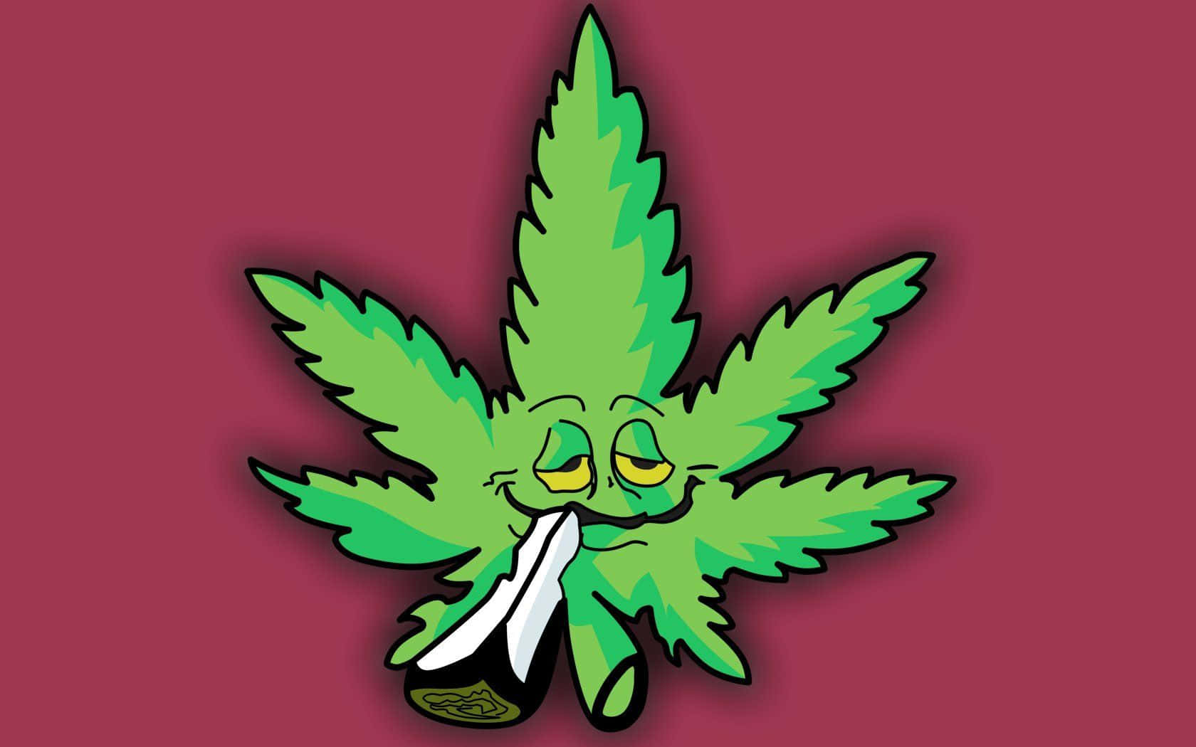 大麻 桌布 壁紙 — 一個卡通風格的綠色大麻葉，帶有疲憊的眼睛和嘴裡叼著一根香煙，背景是深栗色。