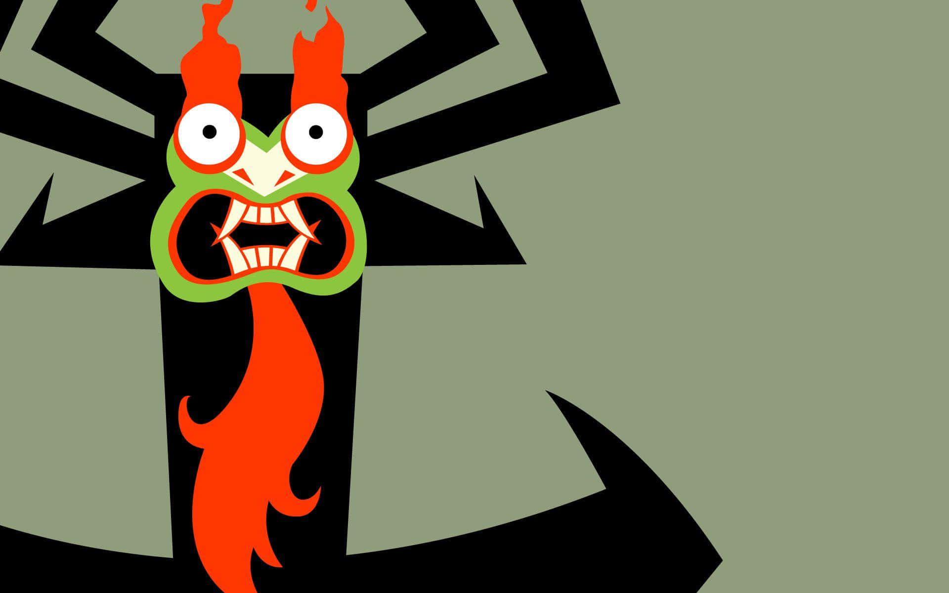 samurai jack 桌布 壁紙 — 一個卡通風格的綠色怪物，有著火紅的頭髮和鋒利的牙齒，在帶有黑色角形圖案的柔和橄欖綠背景上咆哮。