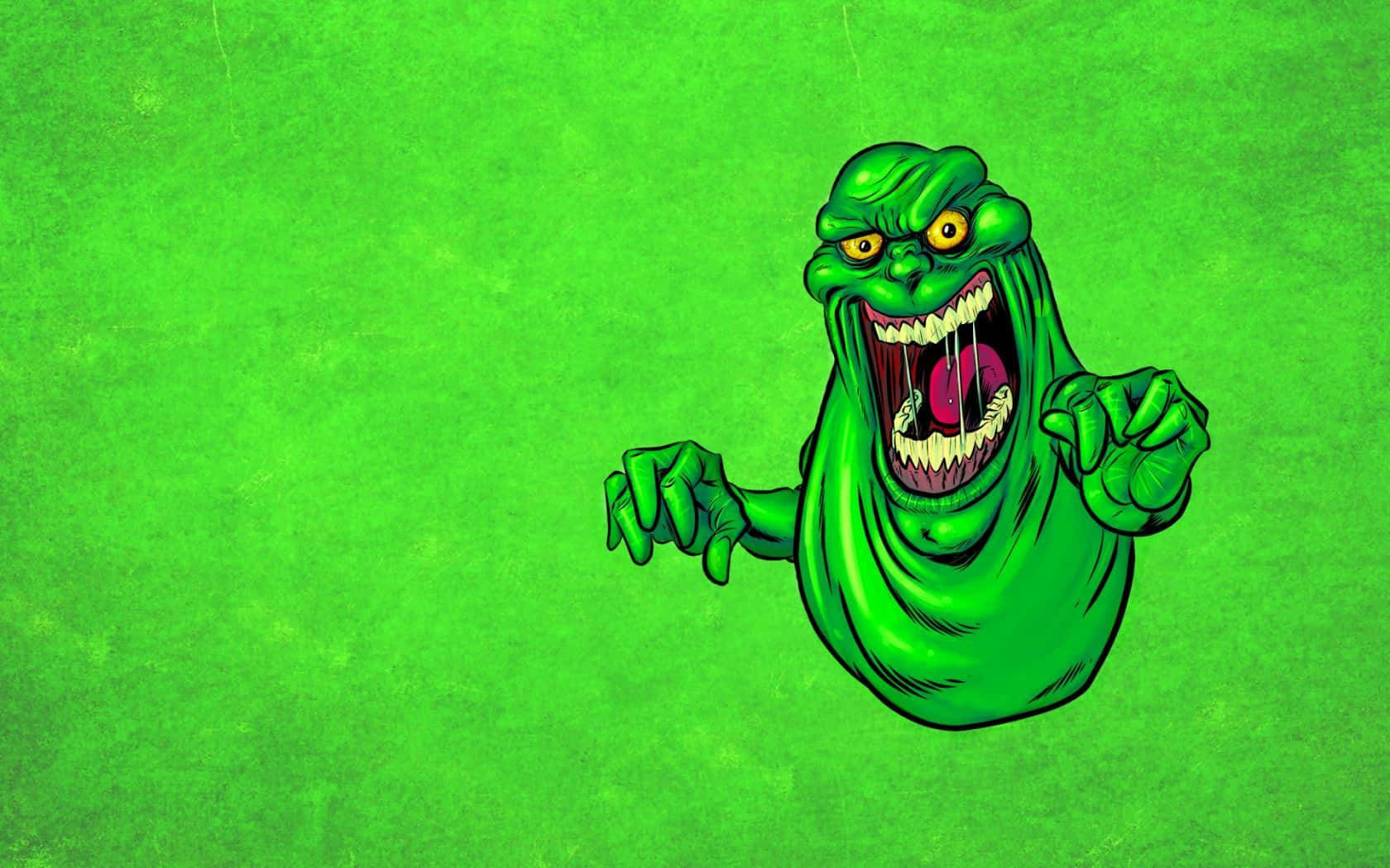 Ghostbusters 桌布 壁紙 — 一個卡通風格的綠色鬼魂，有著黃色眼睛和尖銳牙齒，在帶有紋理的綠色背景前威脅性地尖叫。