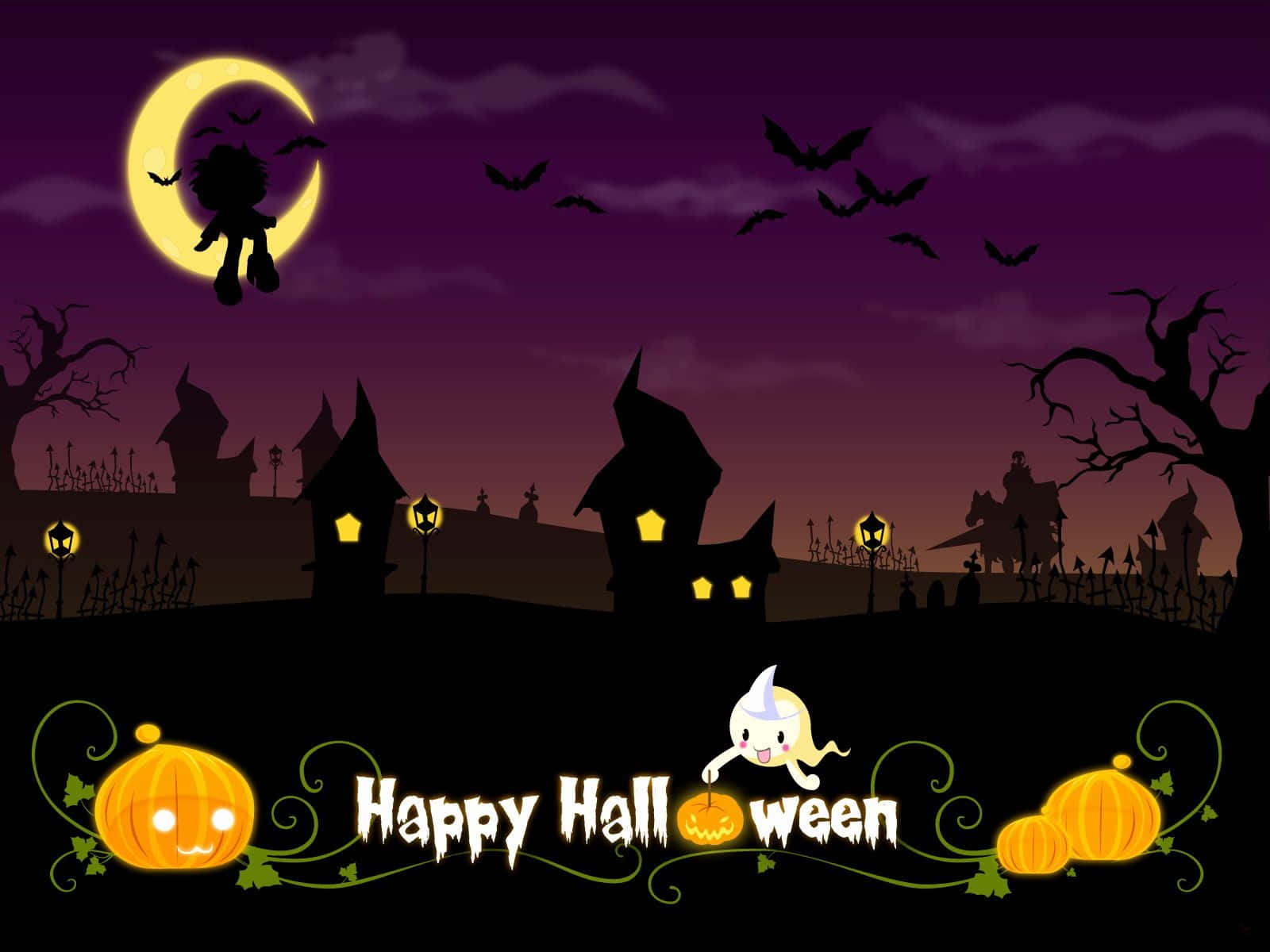 Trick or Treat? 壁紙 — 一個卡通風格的萬聖節夜晚場景，有新月、蝙蝠、鬼屋、南瓜和一個在紫色天空下的幽靈。