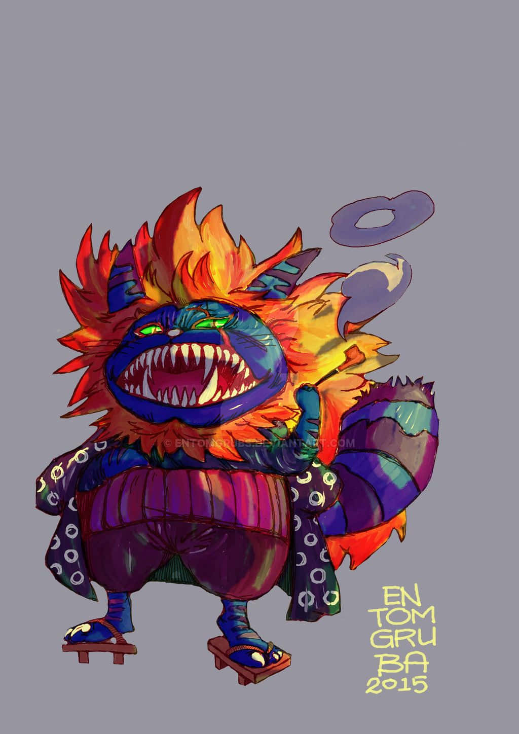 Nekomamushi 桌布 壁紙 — 一個卡通風格的藍色惡魔，有著火紅的橙色頭髮和尖銳的牙齒，穿著木屐，在純灰色背景上威風凜凜地站立。