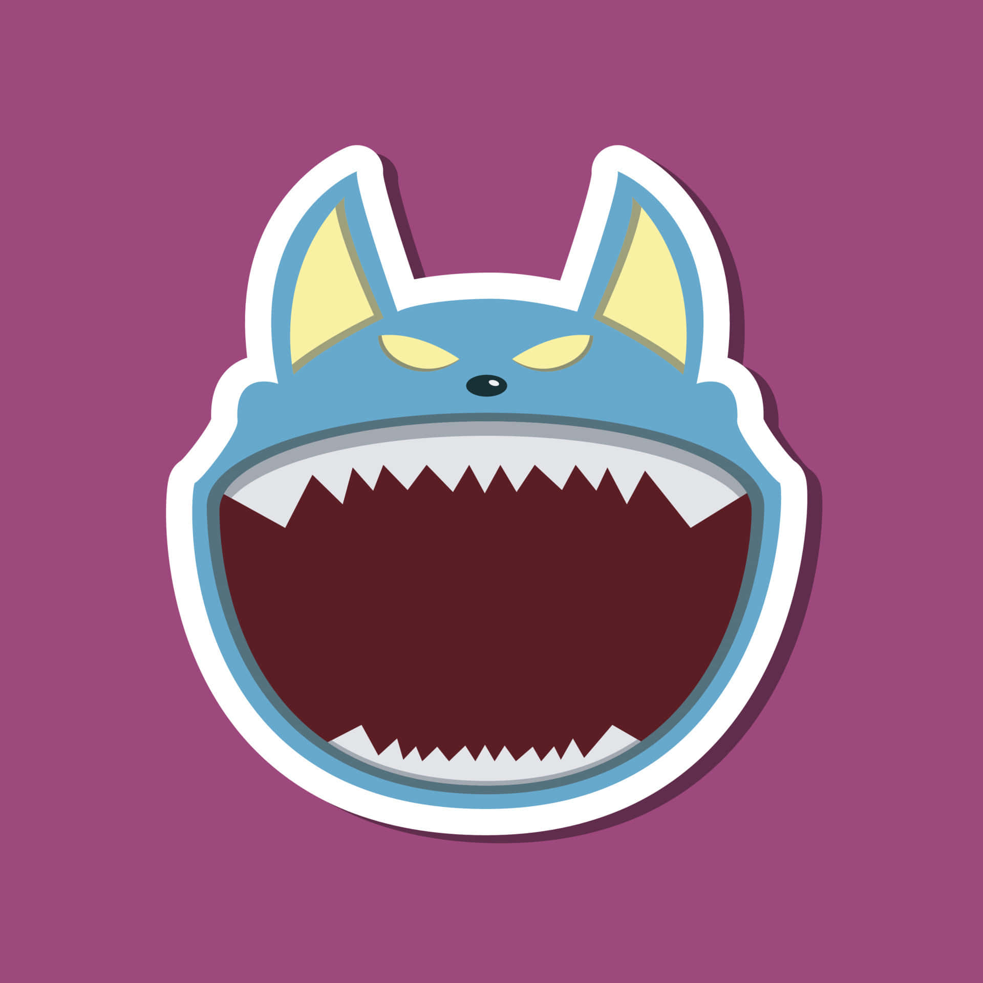 Pokemon Stickers 桌布 壁紙 — 一個卡通風格的藍色狼頭貼紙，帶有黃色耳朵和鋒利牙齒，置於純紫色背景上。