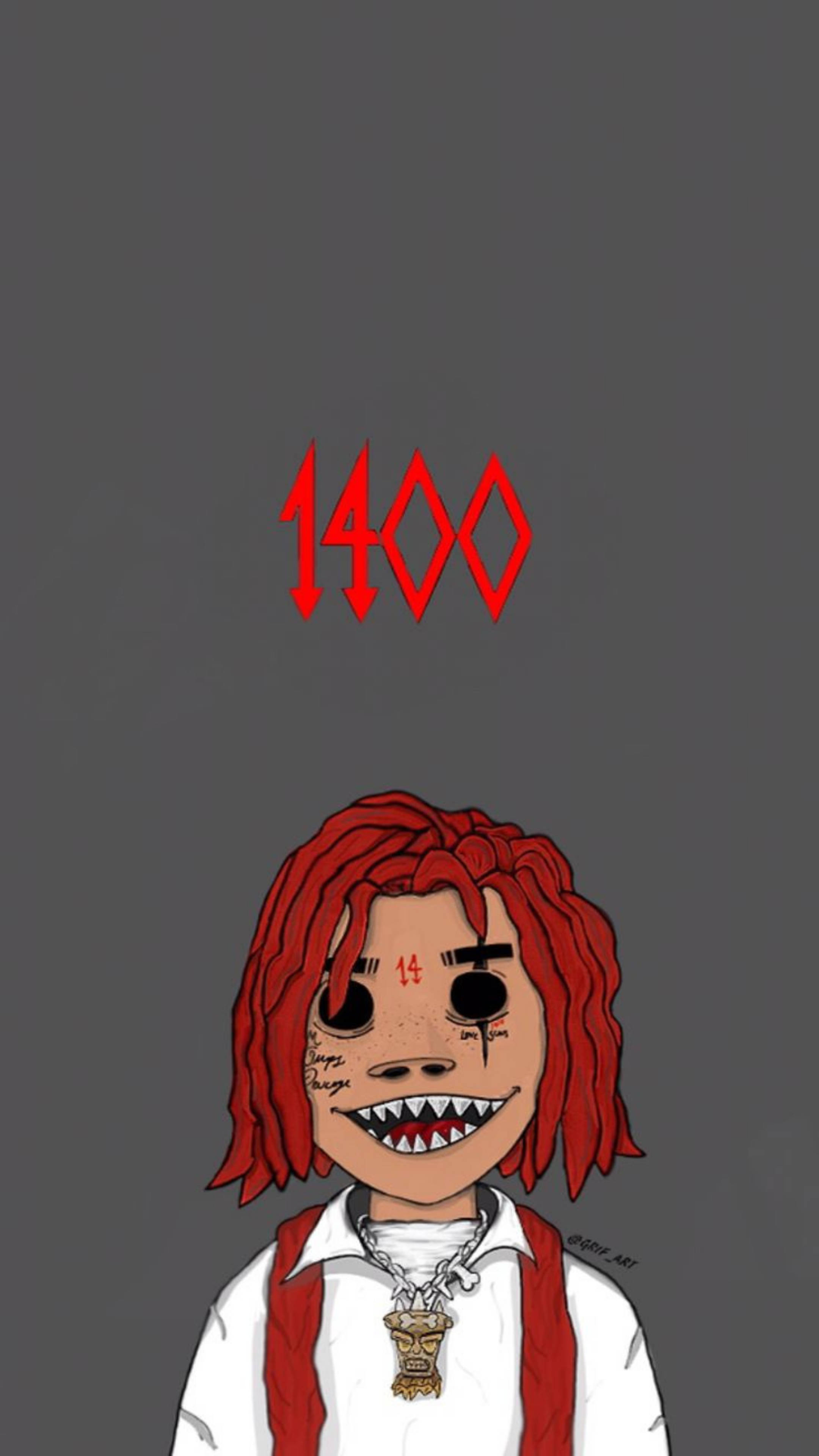 Trippie Redd 1400 壁紙 — 一個卡通風格的角色，有紅色辮子和尖牙，穿著白色襯衫和紅色背心，背景灰色，上方有紅色「1400」文字。