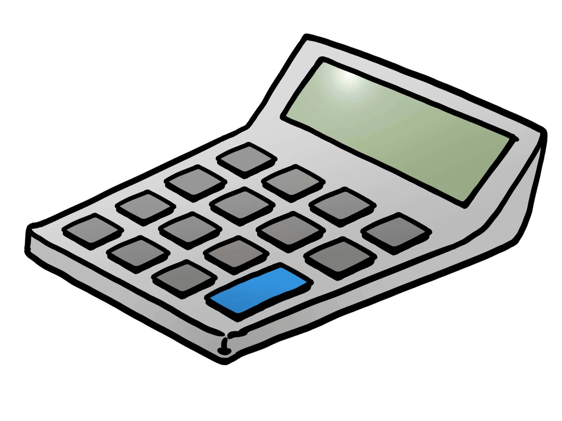 Calculator 桌布 壁紙 — 一個卡通風格的計算機，帶有灰色按鈕和一個藍色回車鍵，傾斜放置在白色背景上。
