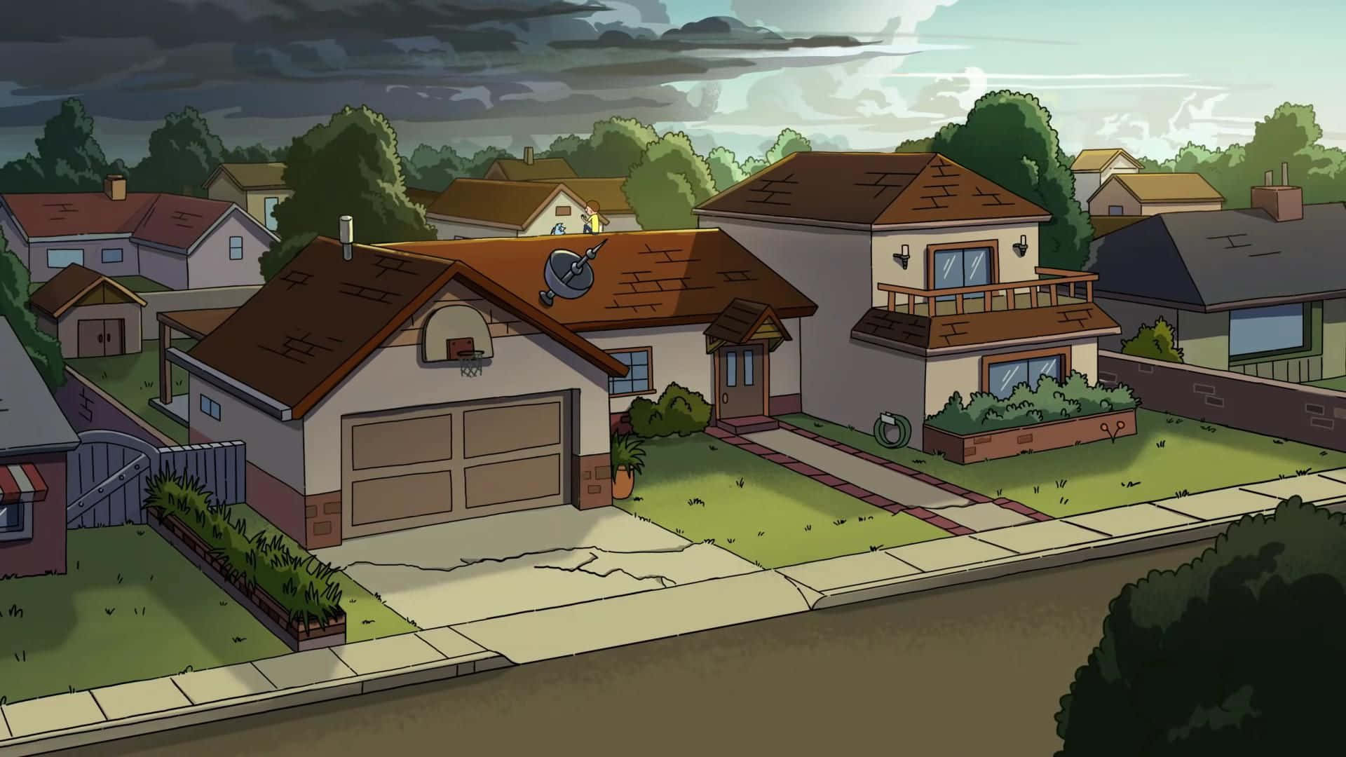 Wubba Lubba Dub Dub 桌布 壁紙 — 一個卡通風格的郊區社區，有房屋、草坪和樹木，天空多雲。