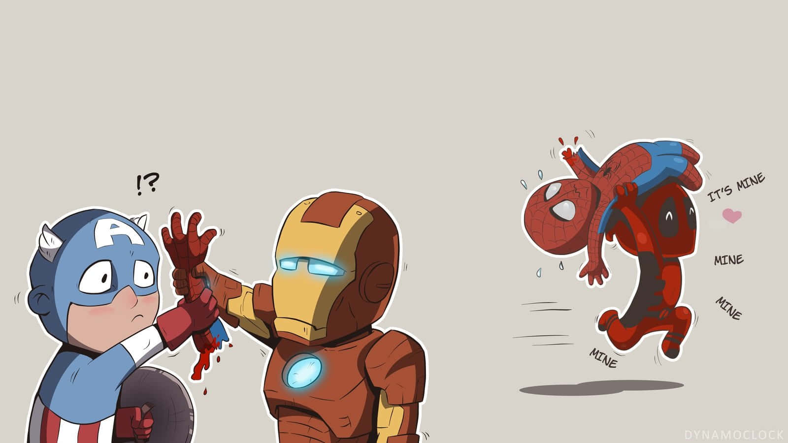Earth's Mightiest Heroes 桌布 壁紙 — 一個卡通風格的鐵甲奇俠抓住美國隊長的盾牌，而驚訝的蜘蛛俠和死侍追趕著它，周圍漂浮著「mine」文字。
