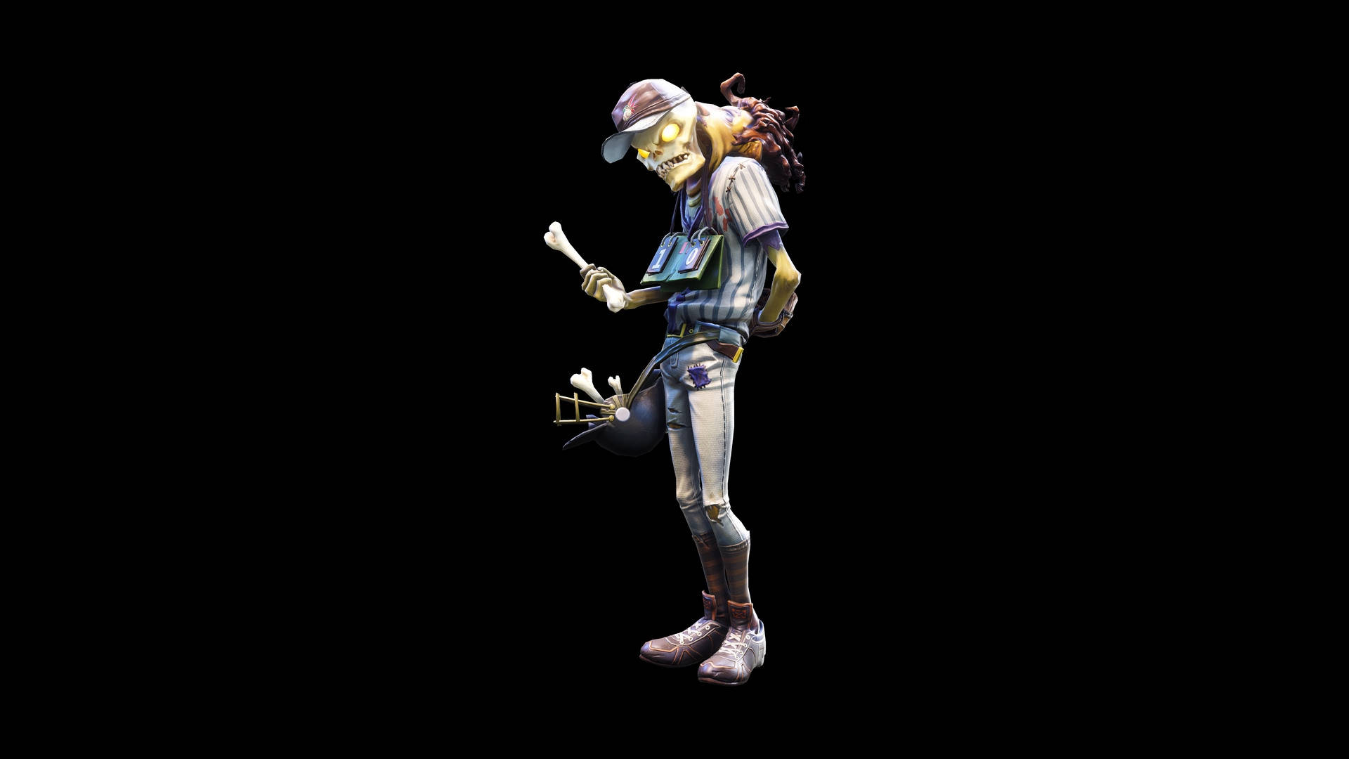 Fortnite 桌布 壁紙 — 一個卡通風格的骷髏棒球運動員穿著條紋制服，在黑色背景前拿著骨頭球棒。