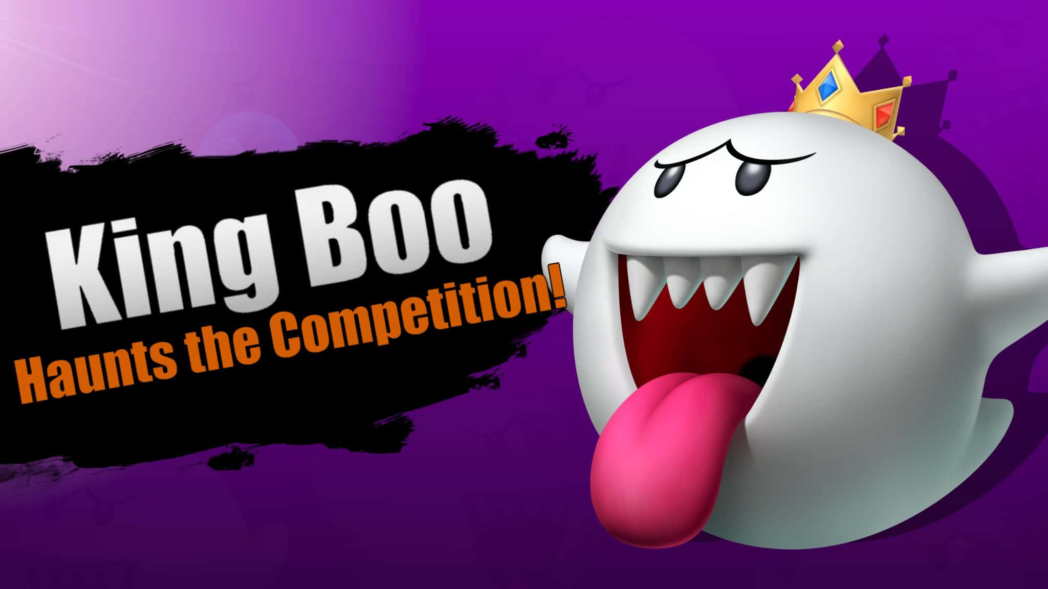 King Boo 桌布 壁紙 — 一個卡通風格的鬼王戴着皇冠，在紫色背景上伸出舌頭，並有粗體文字。