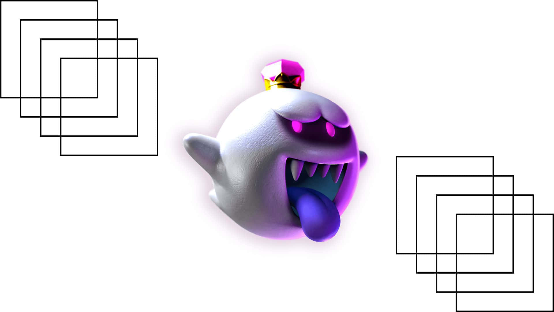 King Boo 桌布 壁紙 — 一個卡通風格的鬼魂，帶有紫色光芒和皇冠，被漂浮的黑色方塊包圍在白色背景上。