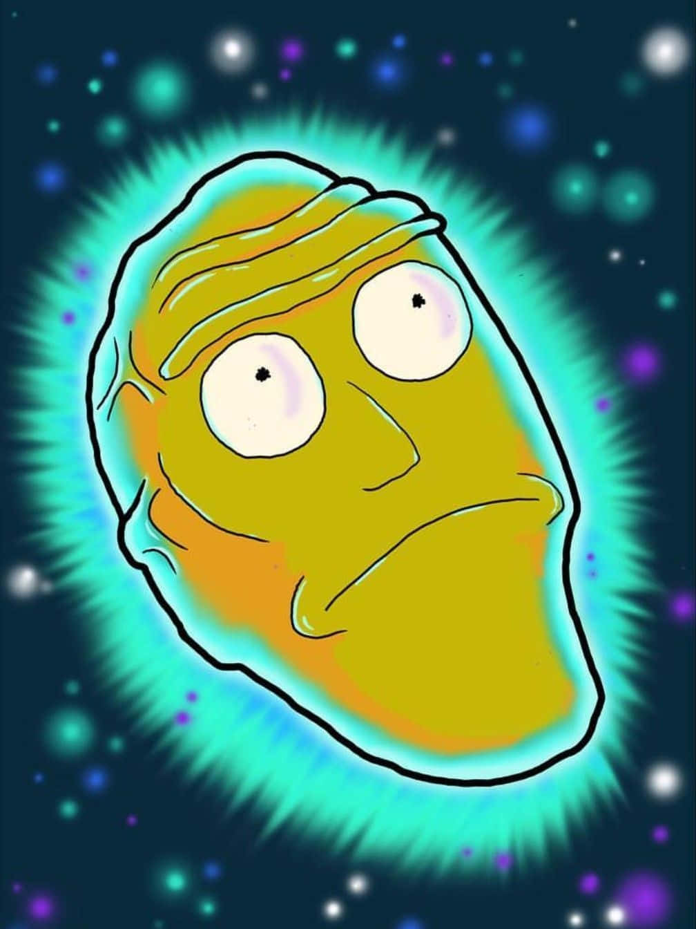 The Cromulons 桌布 壁紙 — 一個卡通風格的黃色臉孔，大眼睛在星空宇宙背景中發光，帶有藍綠色和紫色的光芒。
