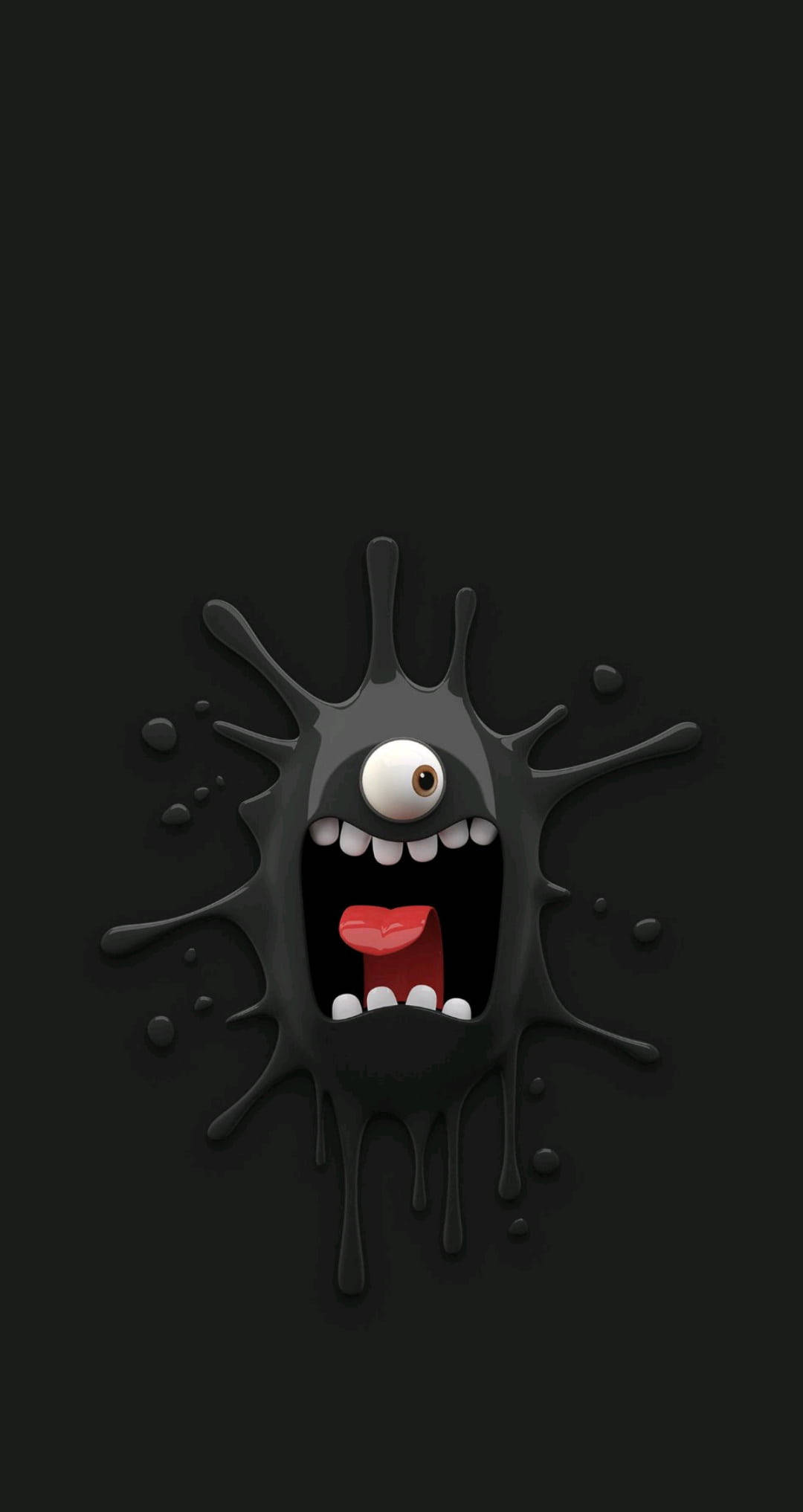 Black Emoji 桌布 壁紙 — 一個卡通風格的黑色飛濺怪物，有一隻眼睛和紅色舌頭，在黑暗背景上尖叫。