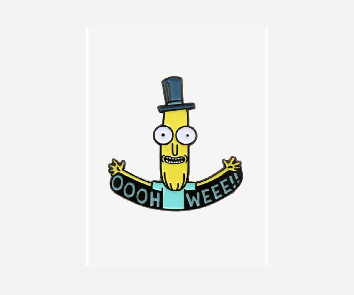Mr Poopybutthole 桌布 壁紙 — 一個卡通香蕉角色，戴著高帽和藍色襯衫，張開雙臂歡呼，手持寫著 ooh weee! 的橫幅
