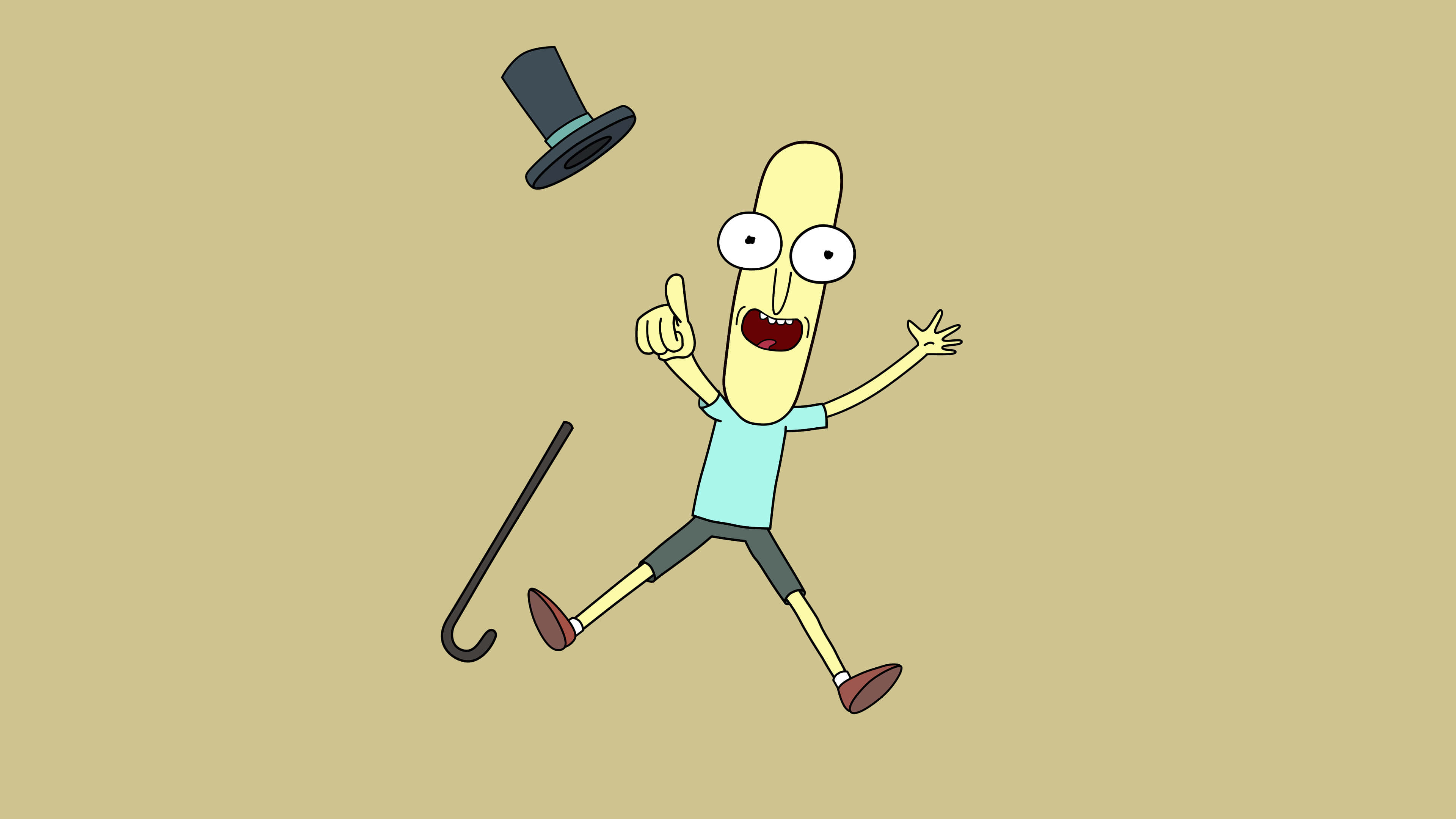 Mr Poopybutthole 桌布 壁紙 — 一個卡通香蕉角色，身穿淺藍色襯衫和深色短褲，雙臂伸展，頭頂上有一頂高帽飛舞，歡快地跳躍。