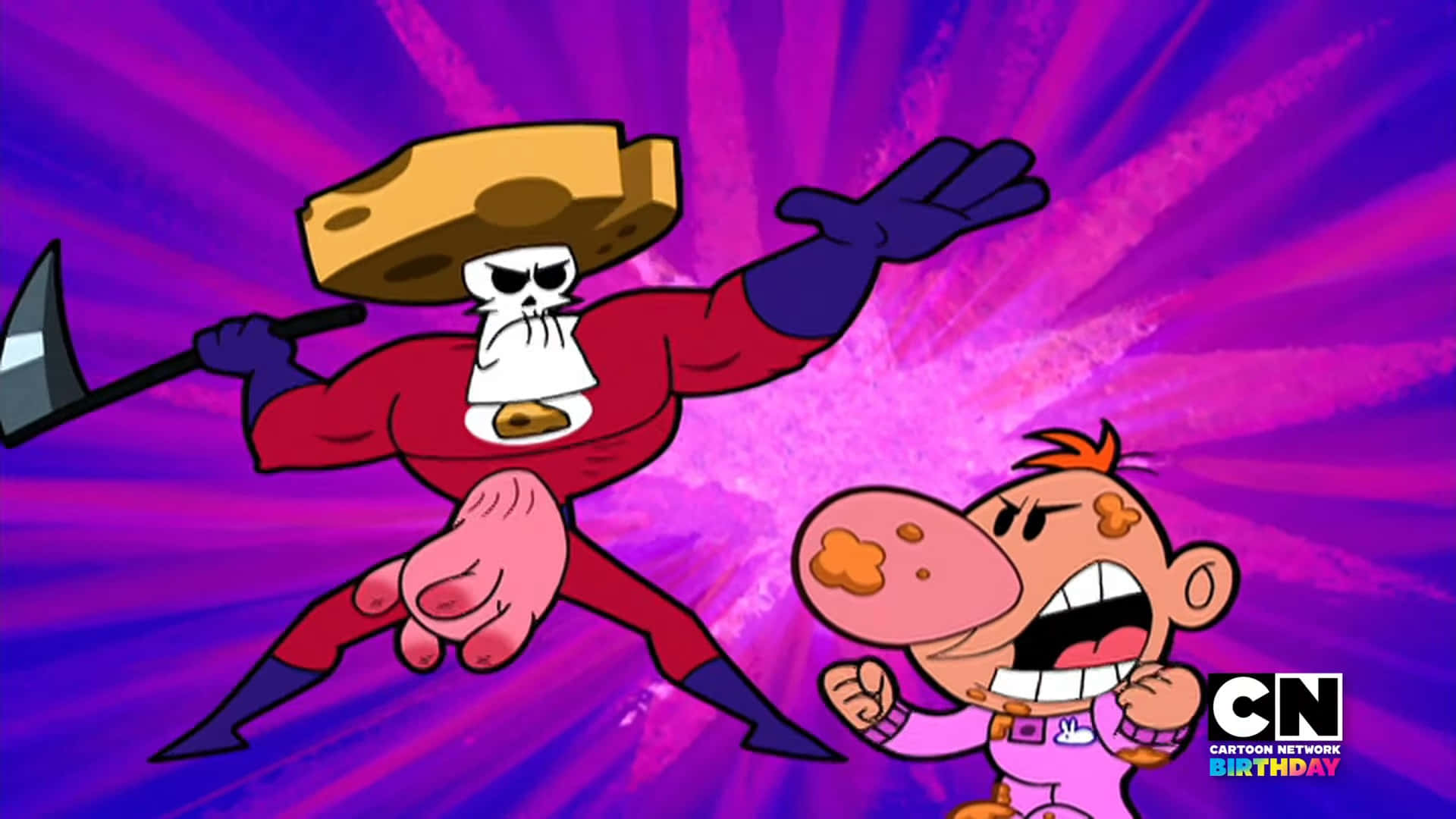 the grim adventures of billy and mandy 桌布 壁紙 — 一個卡通骷髏戰士戴着芝士帽和斧頭，在充滿活力的紫色放射狀背景前對峙一個驚恐的粉紅色小孩。