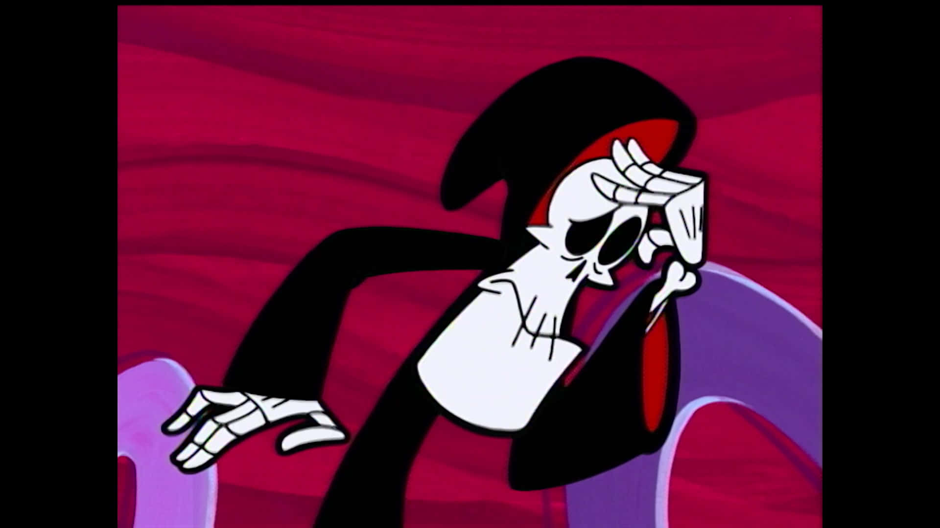the grim adventures of billy and mandy 桌布 壁紙 — 一個卡通骷髏穿著黑色長袍和紅色內襯頭巾，在旋轉的洋紅色背景前沮喪地抱著頭。
