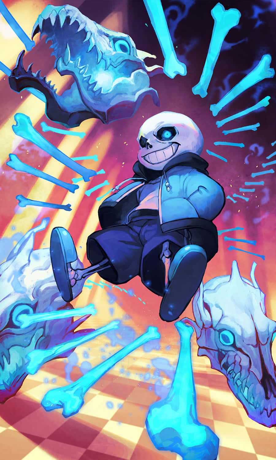 Undertale Phone 桌布 壁紙 — 一個卡通骷髏角色，擁有發光的藍色眼睛和寬闊的笑容，漂浮在漂浮的骨頭和頭骨之間，背景是火熱的橙色和紫色。