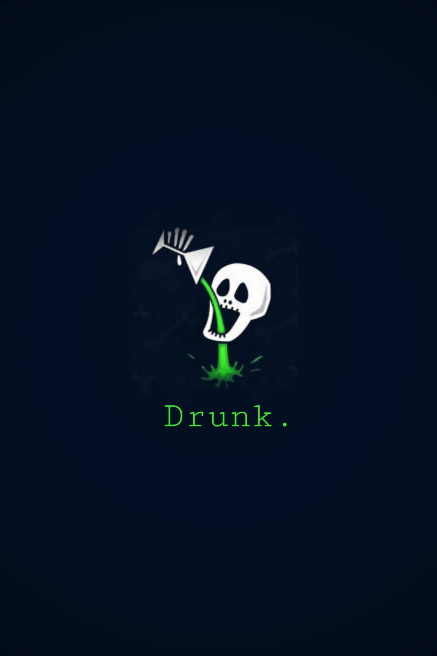Black Emoji 桌布 壁紙 — 一個卡通骷髏頭，綠色液體從口中流出，背景為深藍色，下方有「Drunk.」字樣發出綠色光芒。