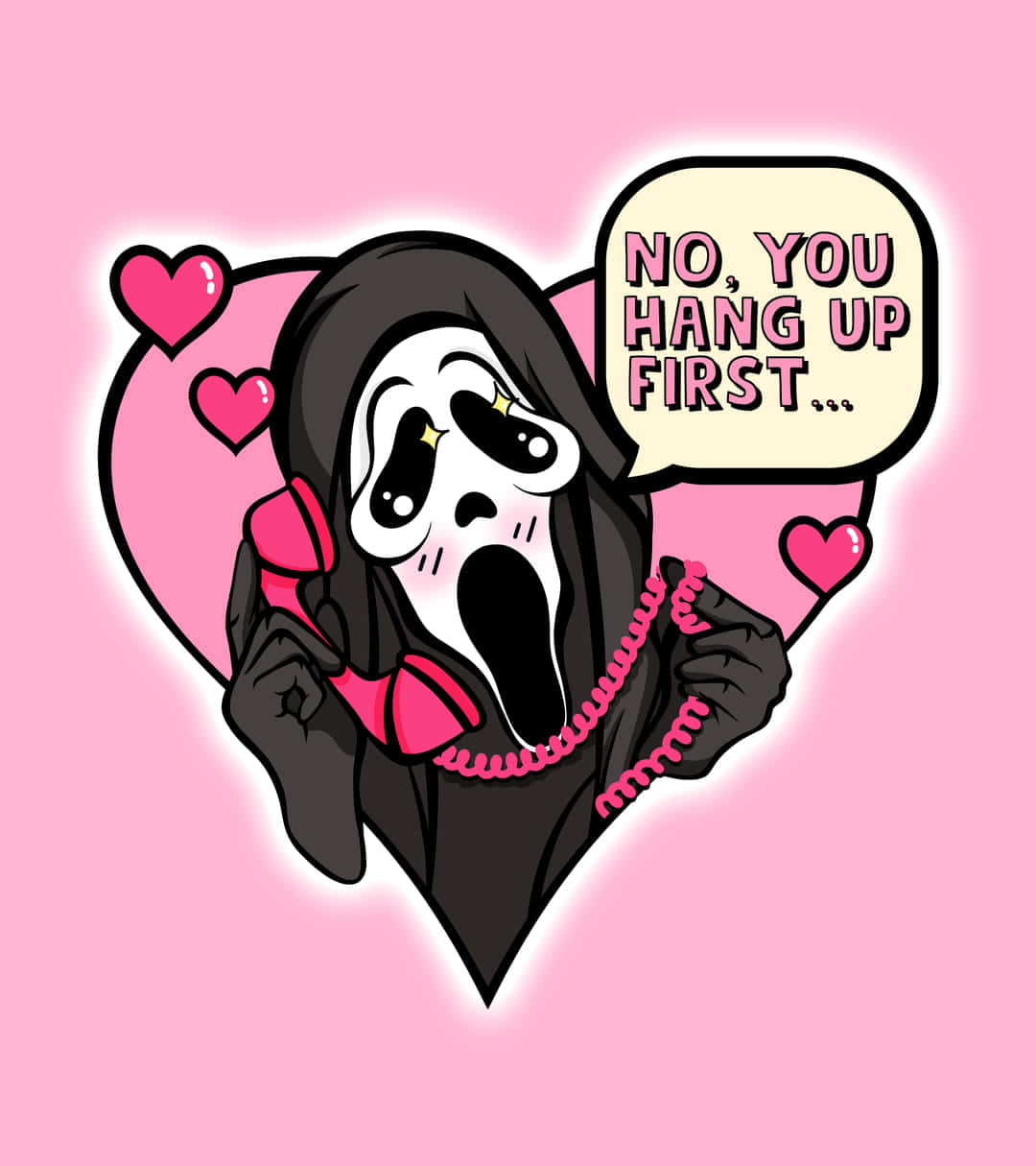 Ghostface Aesthetic 桌布 壁紙 — 一個卡通鬼魂，臉上帶着尖叫的表情，拿着粉紅色電話，背景是心形粉紅色，有漂浮的心形。