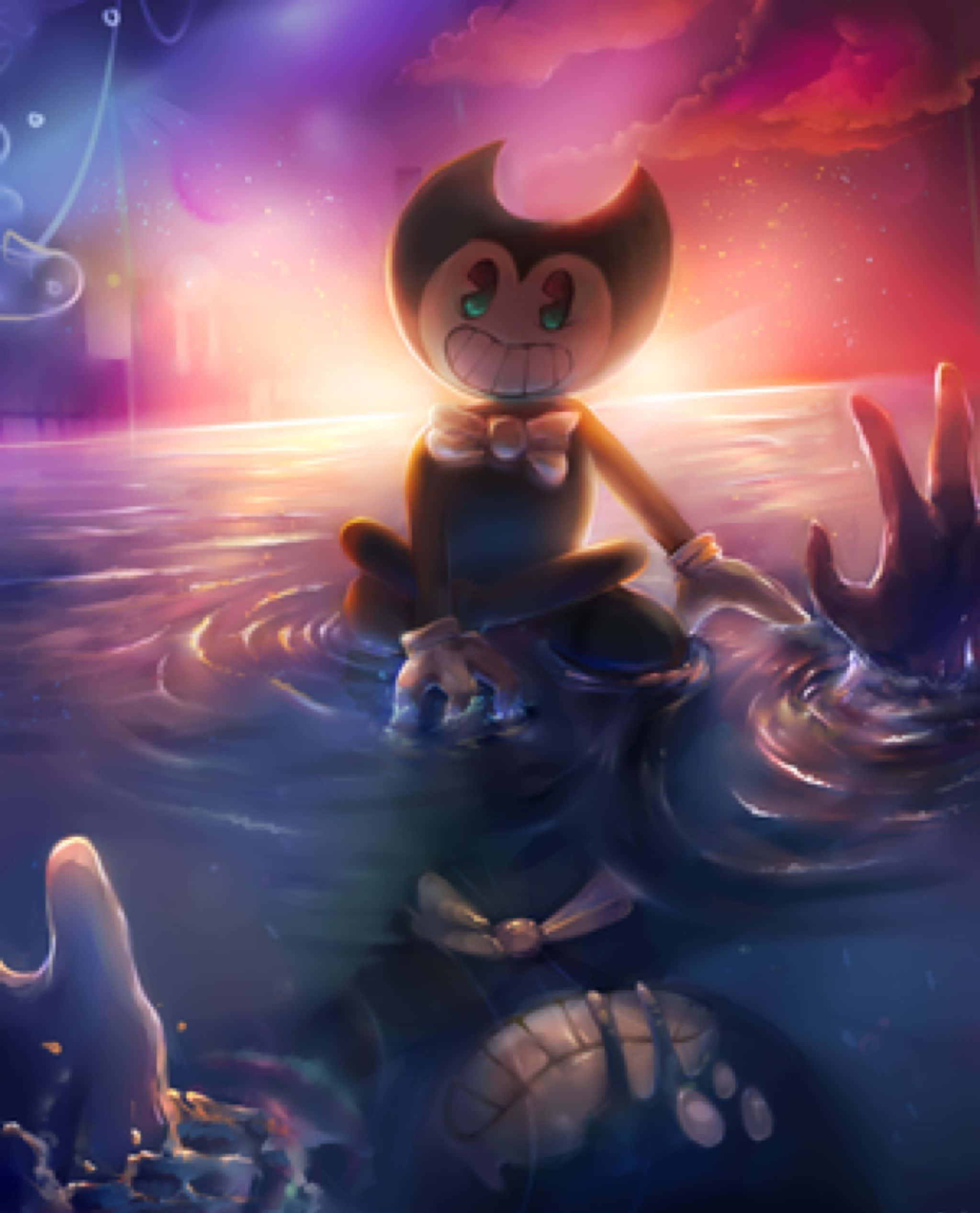 Bendy 桌布 壁紙 — 一個卡通魔鬼角色，綠色眼睛，坐在發光的水中，背景是充滿活力的紫色和粉紅色天空。