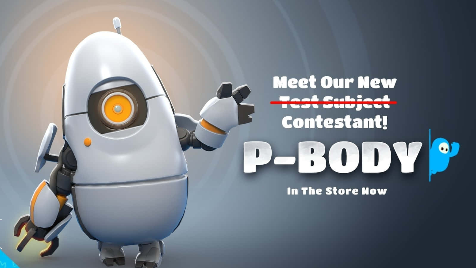 Portal Characters 桌布 壁紙 — 一個友善的白色機械人，有橙色眼睛，在數碼遊戲廣告中，於宣佈「P-BODY」的粗體文字旁邊揮手。