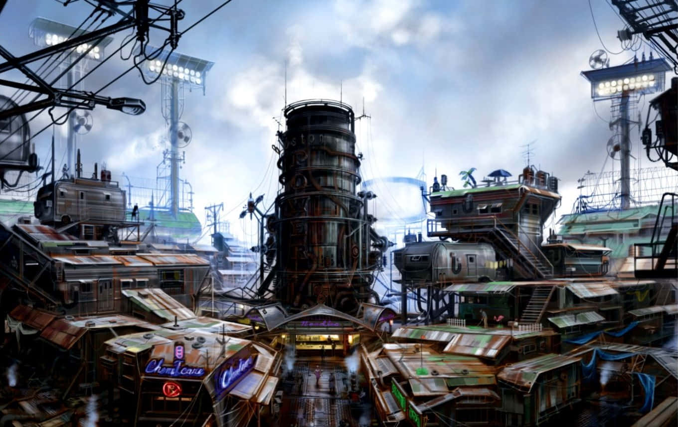 Diamond City 桌布 壁紙 — 一個反烏托邦的蒸氣龐克城市景觀，有生鏽的金屬結構、霓虹燈招牌和聳立的工業機械，天空多雲。