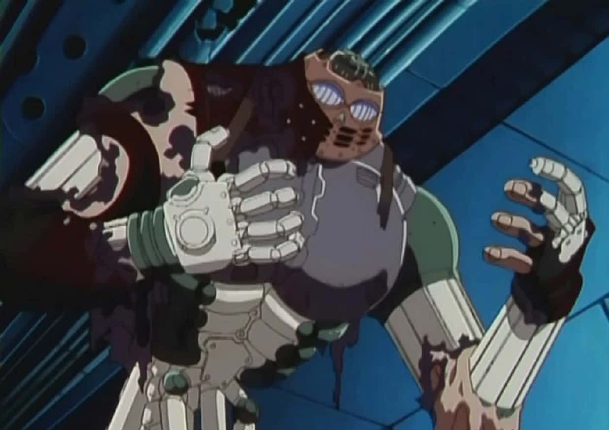 Trigun Gray The Ninelives 桌布 壁紙 — 一個受損的動漫機械人，眼睛發光，電線外露，站在藍色的工業環境中。