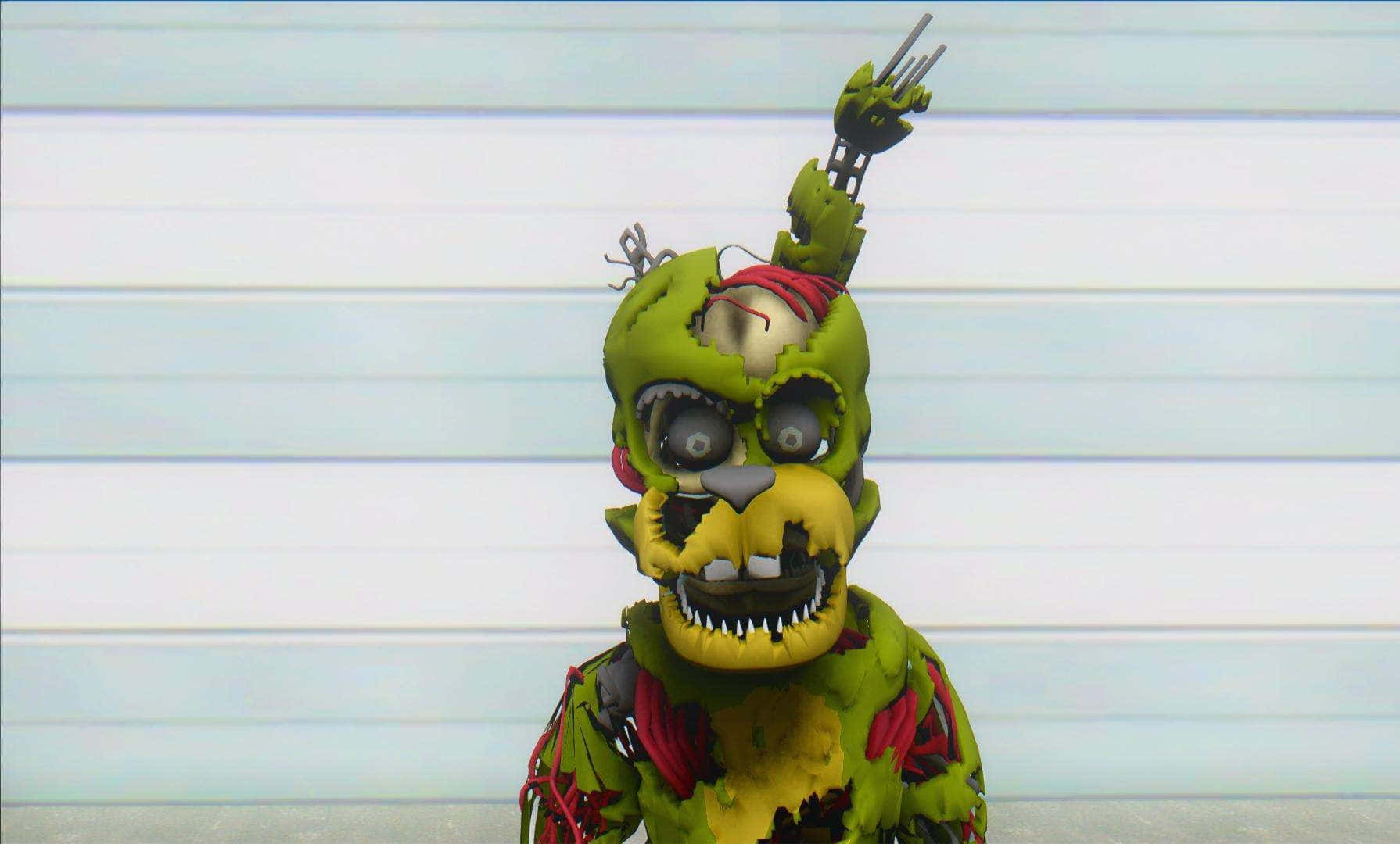 Scraptrap 桌布 壁紙 — 一個受損的綠色電子動畫，帶有外露的電線和尖刺手臂，站在淺藍色條紋牆前。