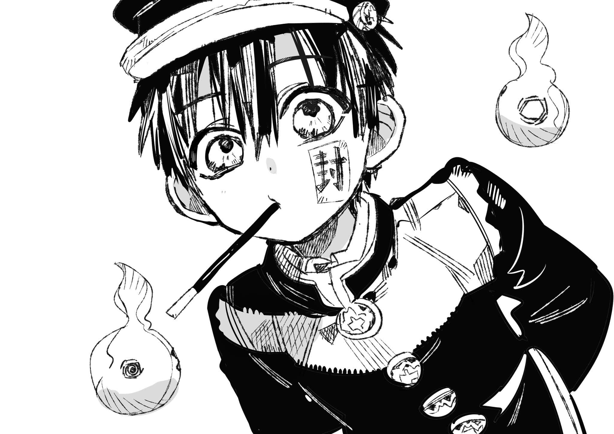 廁所裡的花子 桌布 壁紙 — 一個受驚的動畫男孩戴著帽子，臉頰上有印章，神秘的火球漂浮在他身邊。