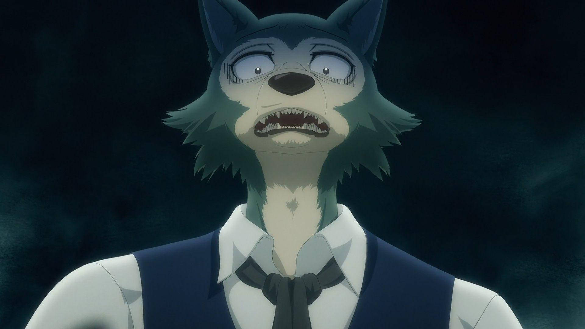 《Beastars》Legosi 壁紙 — 一個受驚的狼樣動漫角色穿著校服，在黑暗煙霧背景中睜大眼睛凝視。